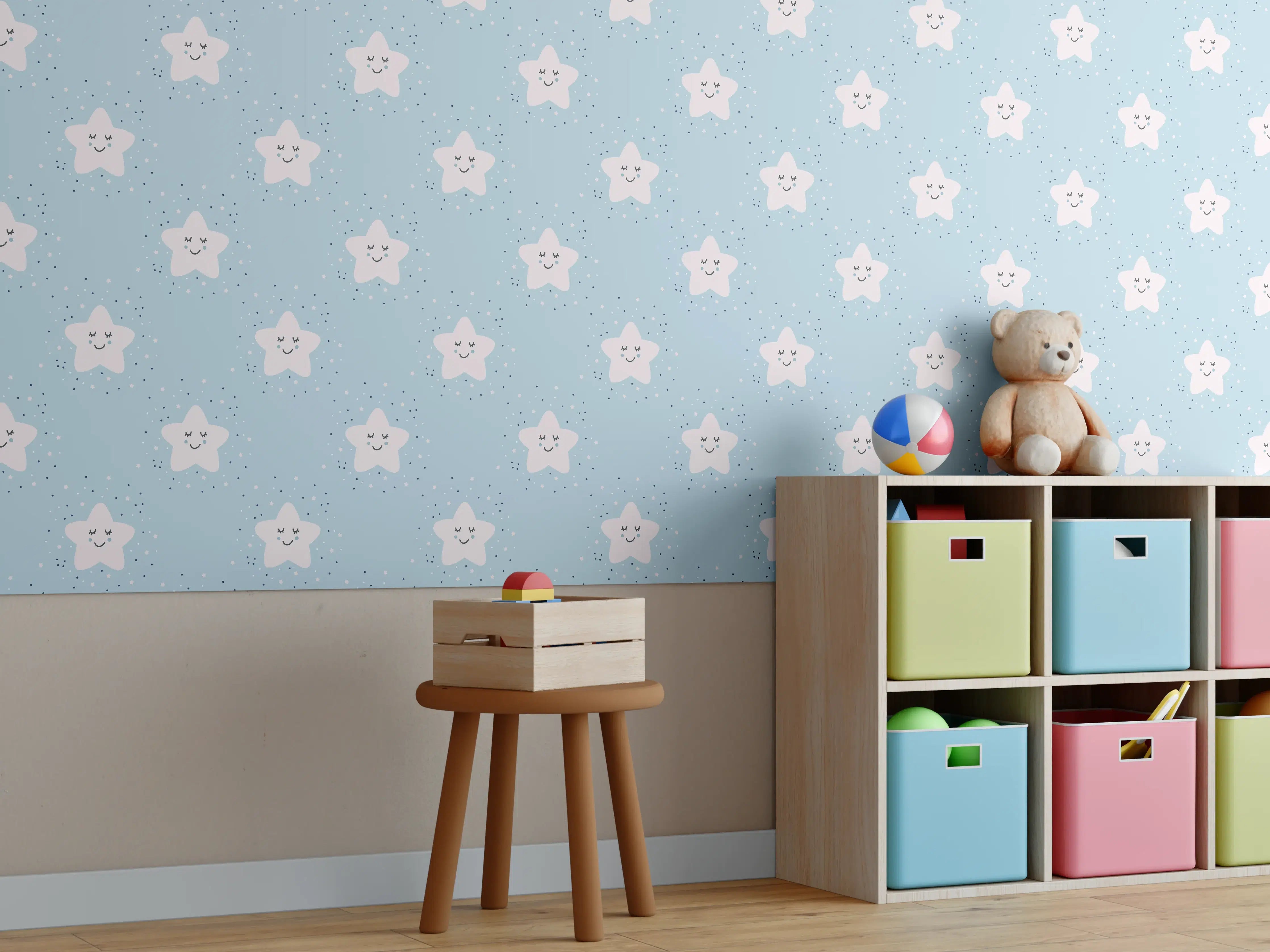 Kinderzimmer Wandgestaltung - Weiße Blätter auf grauem Hintergrund mit Struktur