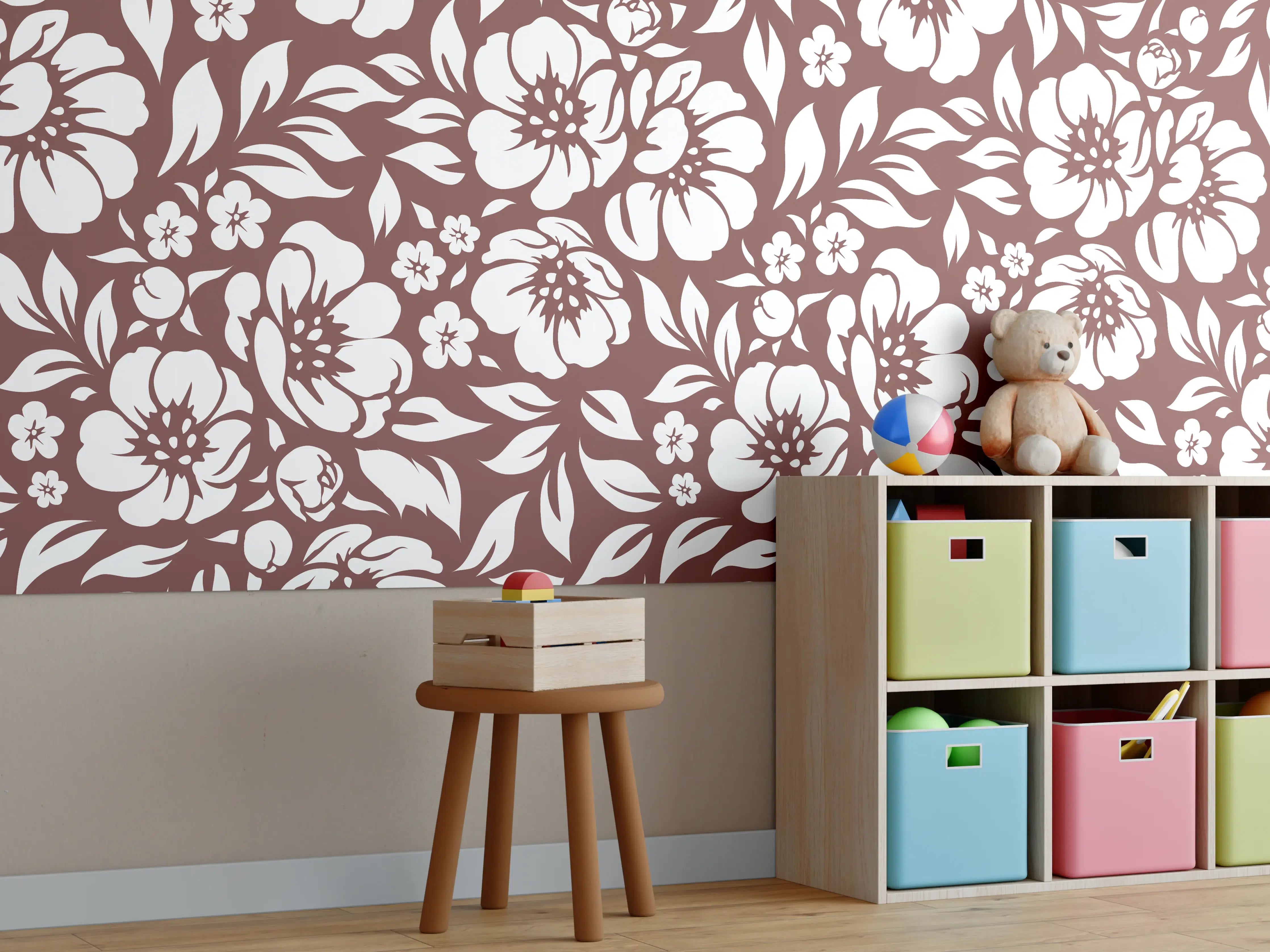 Kinderzimmer Wandgestaltung - Weiße Blumenmuster-Fliese mit grauen Nuancen