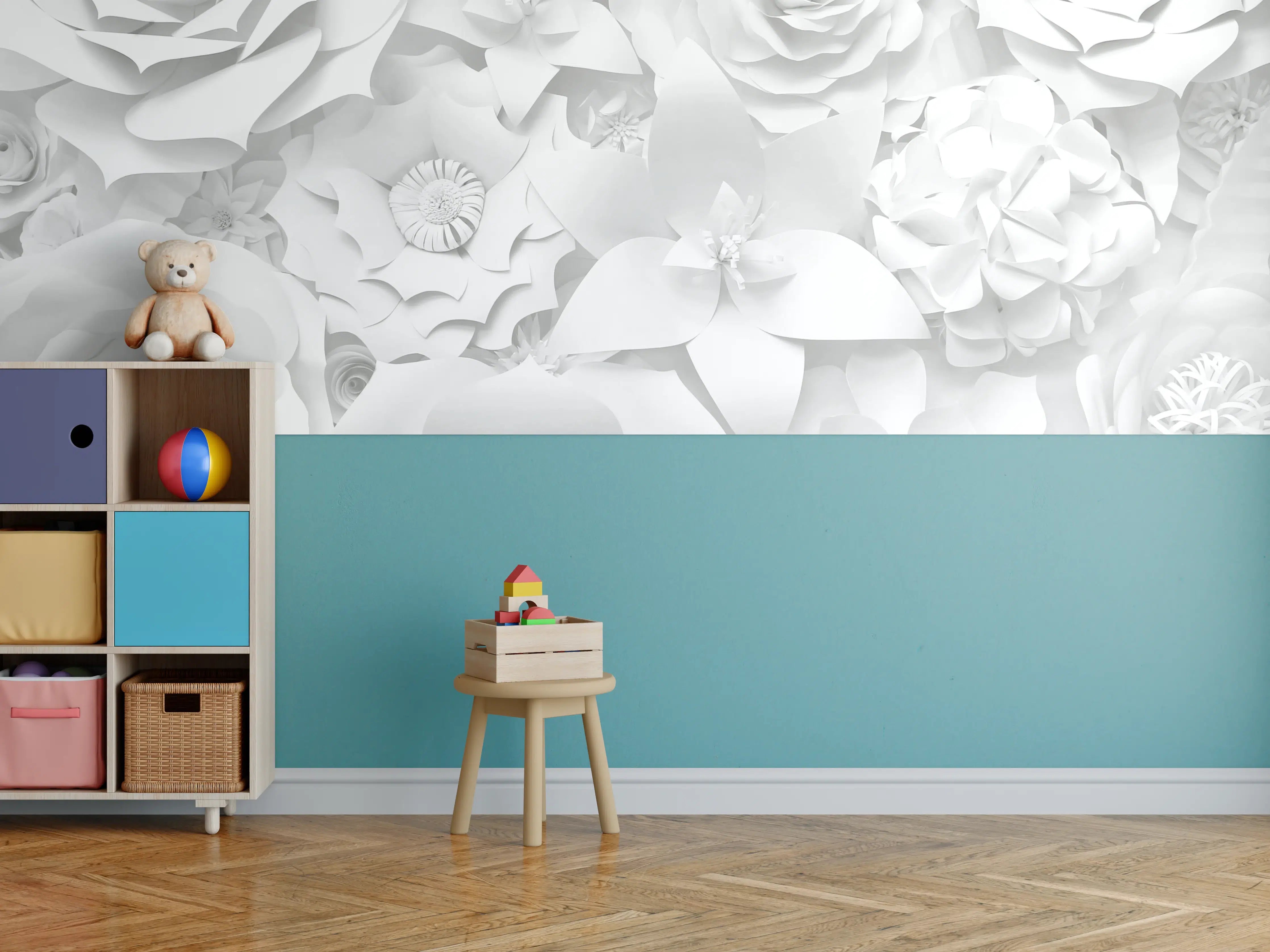 Kinderzimmer Wandgestaltung - Weiße Blumenpracht mit dezenter Textur