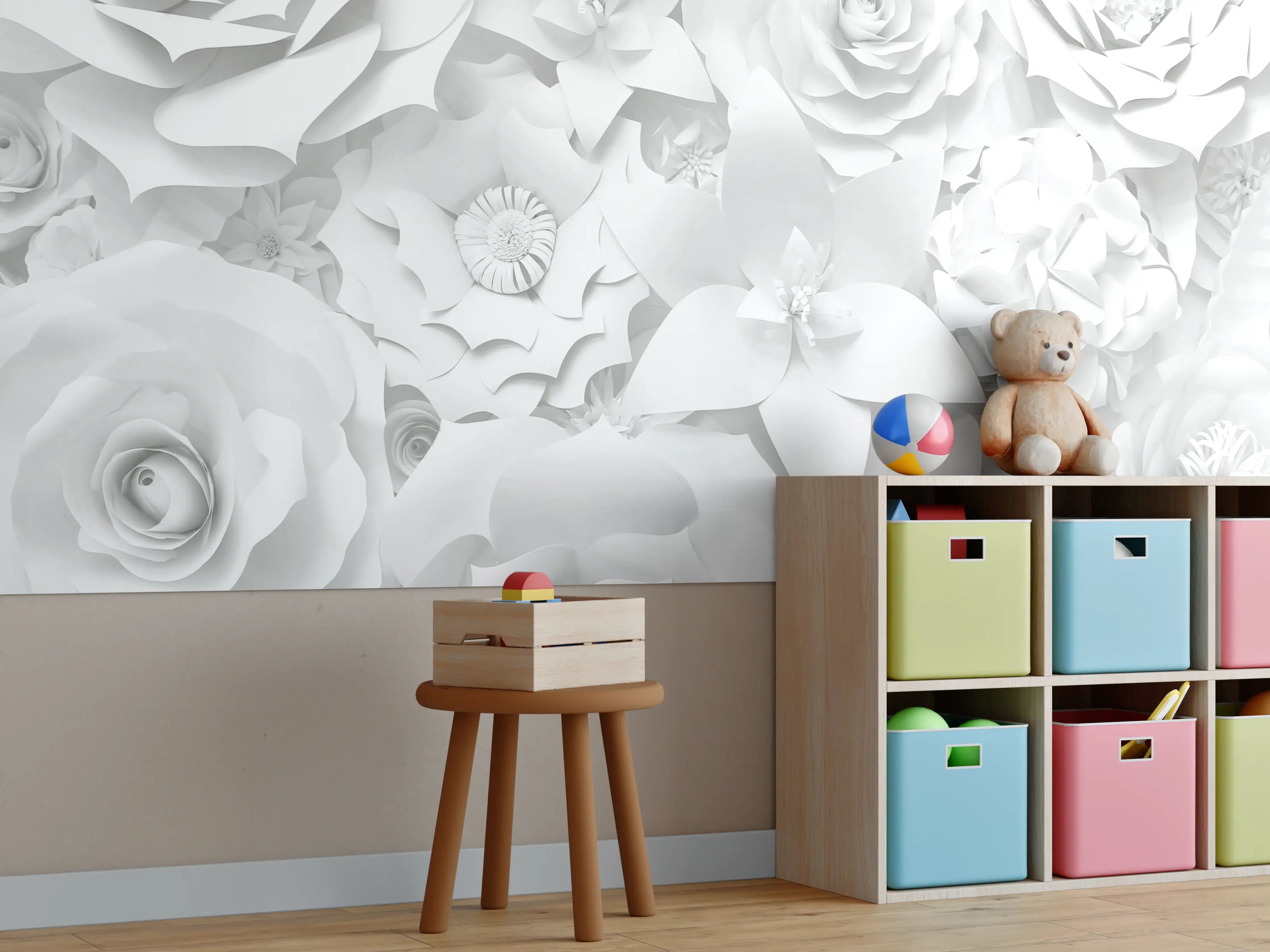 Kinderzimmer Wandgestaltung - Weiße Blumenpracht mit dezenter Textur