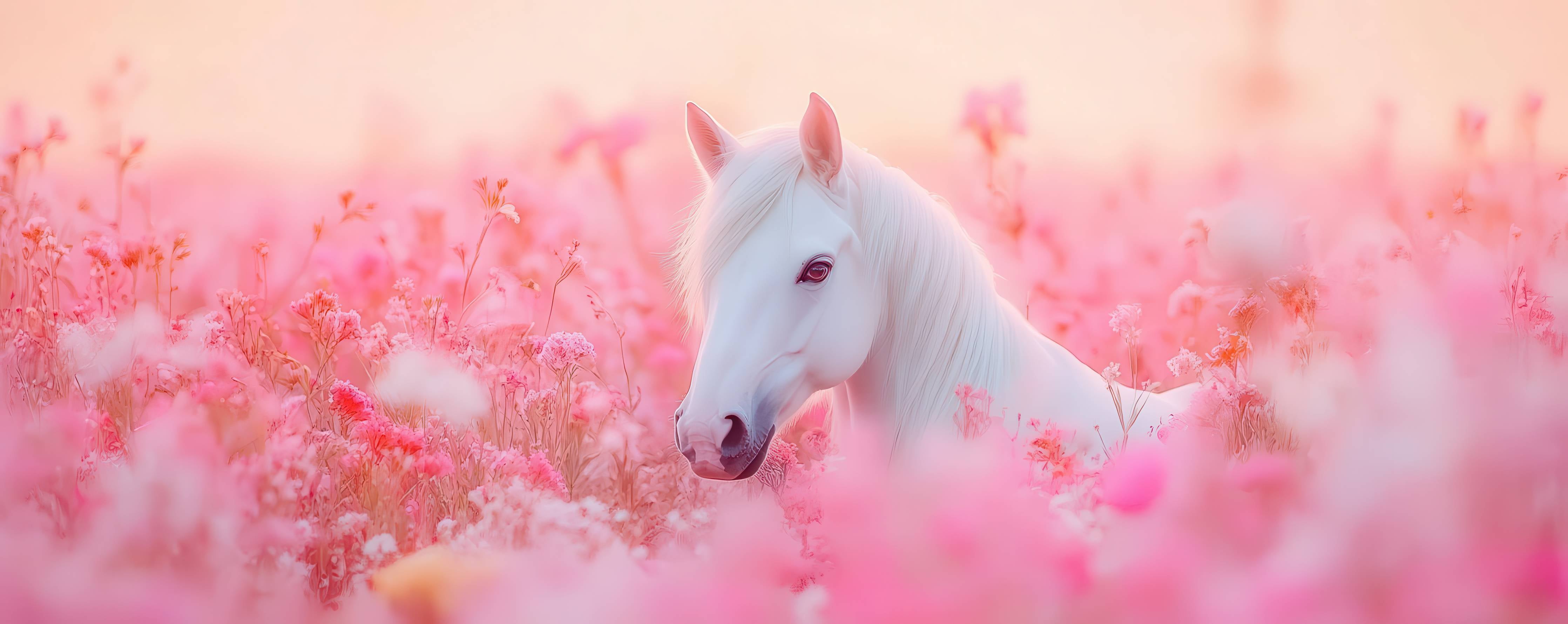 Kinderzimmer Wandgestaltung-Weiße Einhorn im pinken Blumenfeld