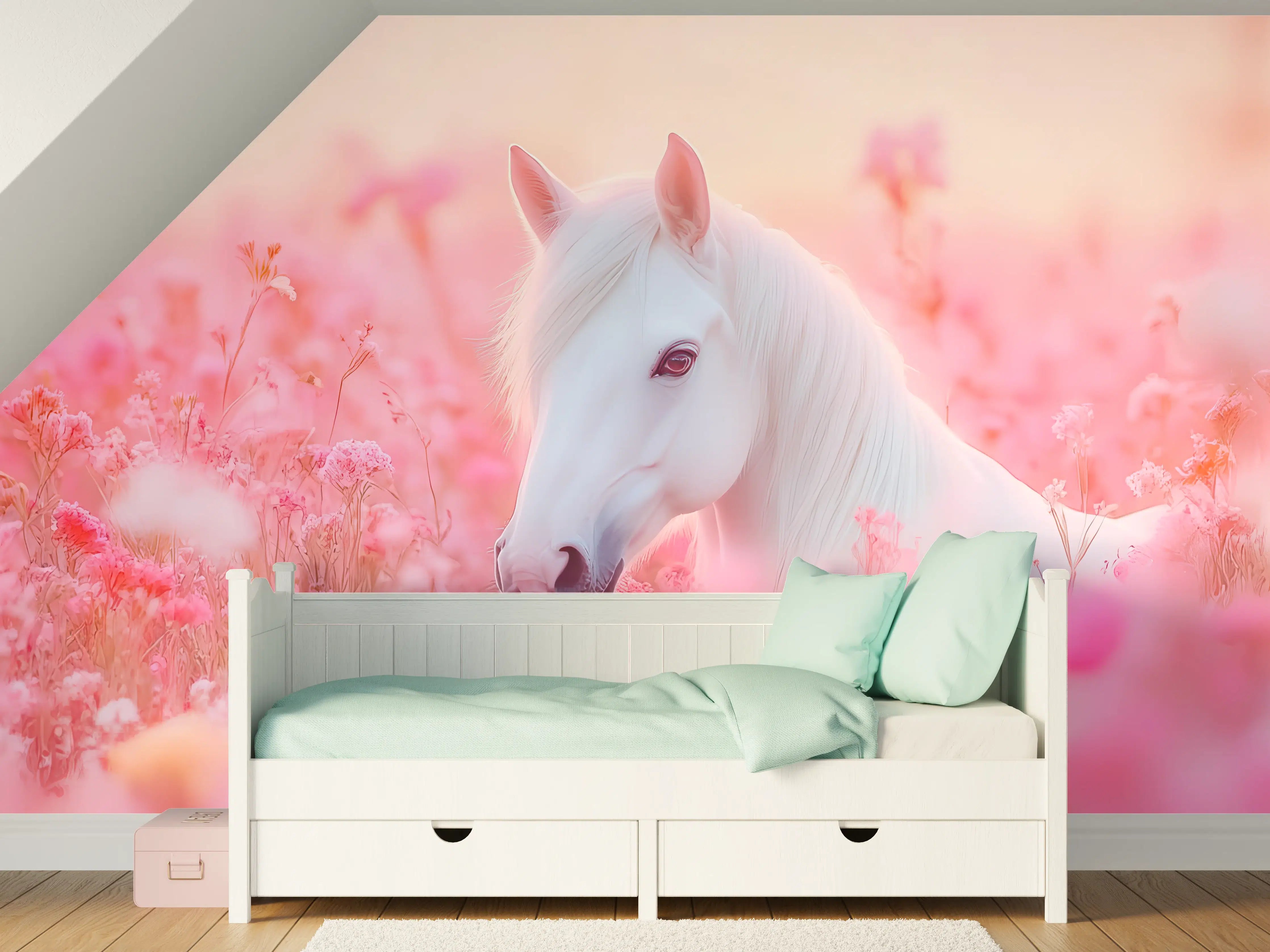 Kinderzimmer Wandgestaltung - Weiße Einhorn im pinken Blumenfeld