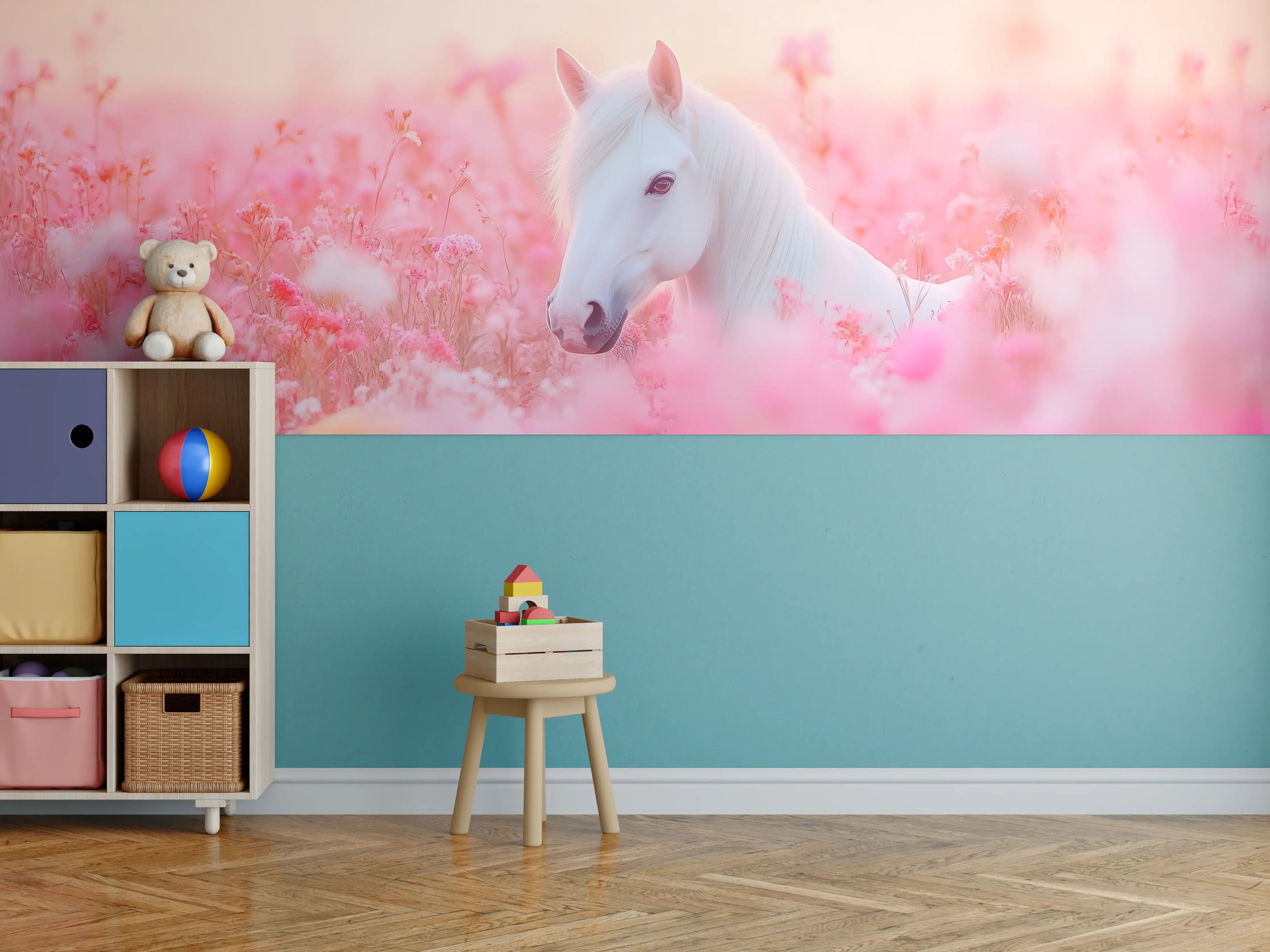 Kinderzimmer Wandgestaltung - Weiße Einhorn im pinken Blumenfeld