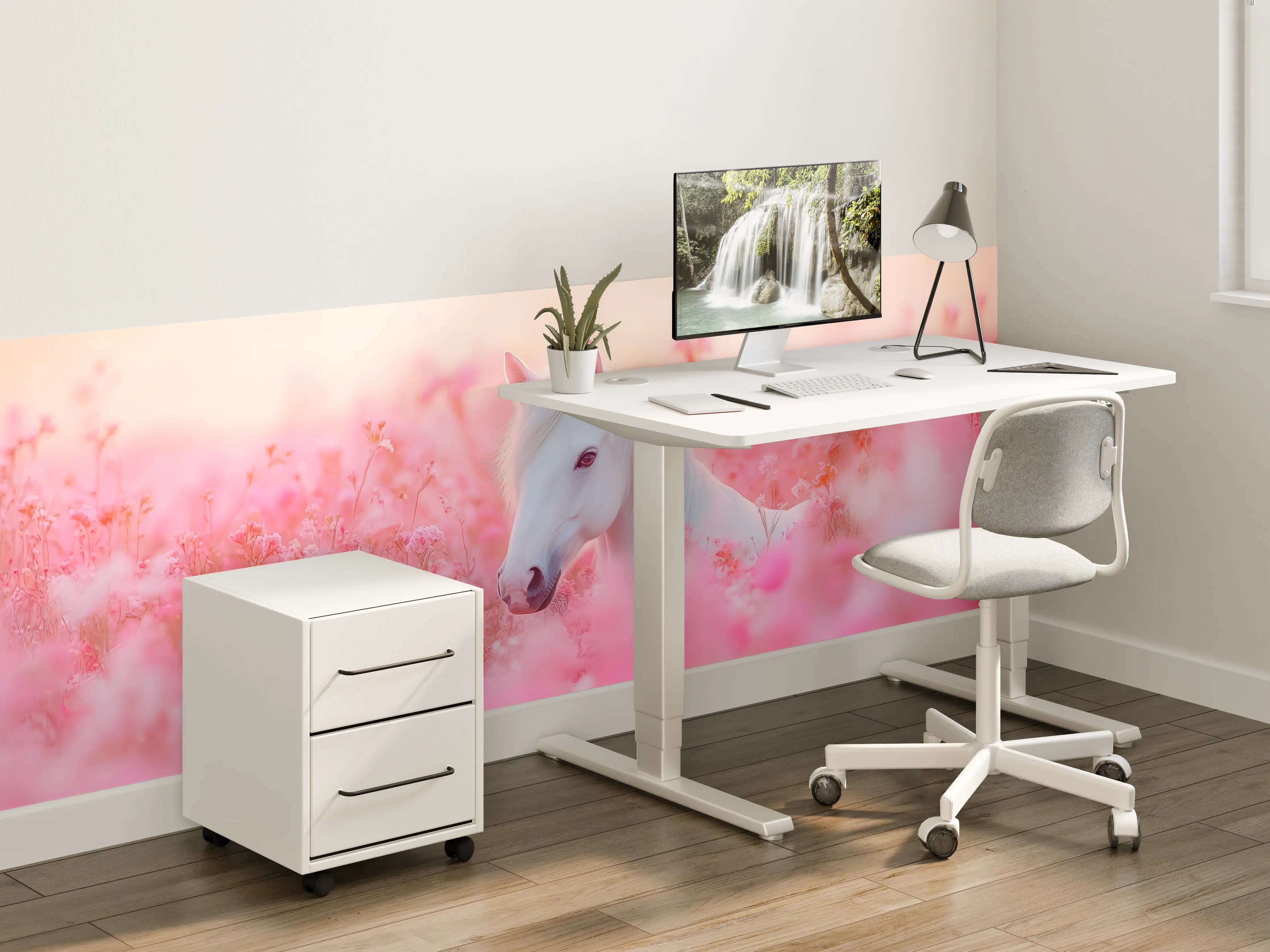Kinderzimmer Wandgestaltung - Weiße Einhorn im pinken Blumenfeld