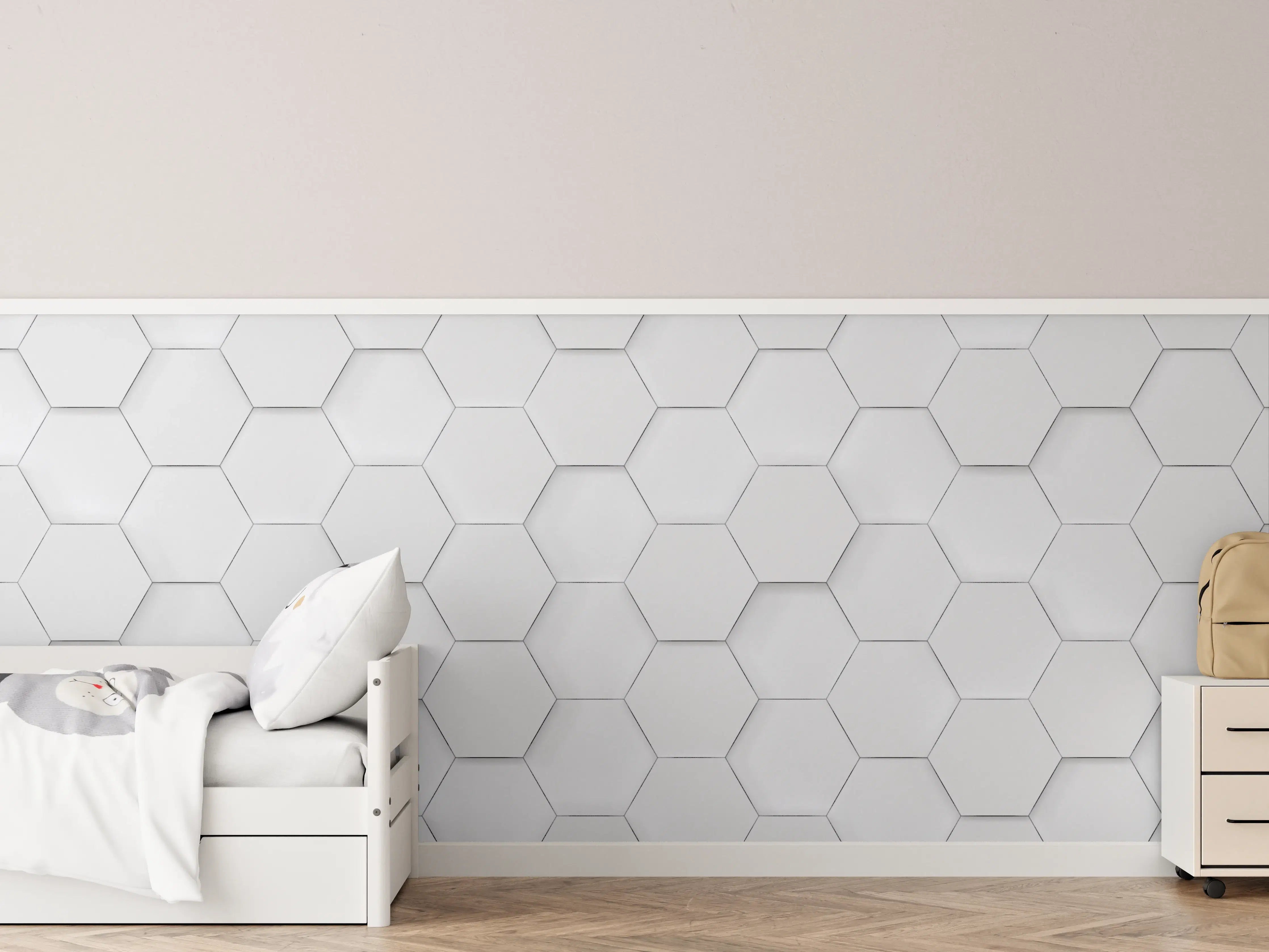 Kinderzimmer Wandgestaltung - Weiße Hexagon-Fliesenwand mit neutrale Farben