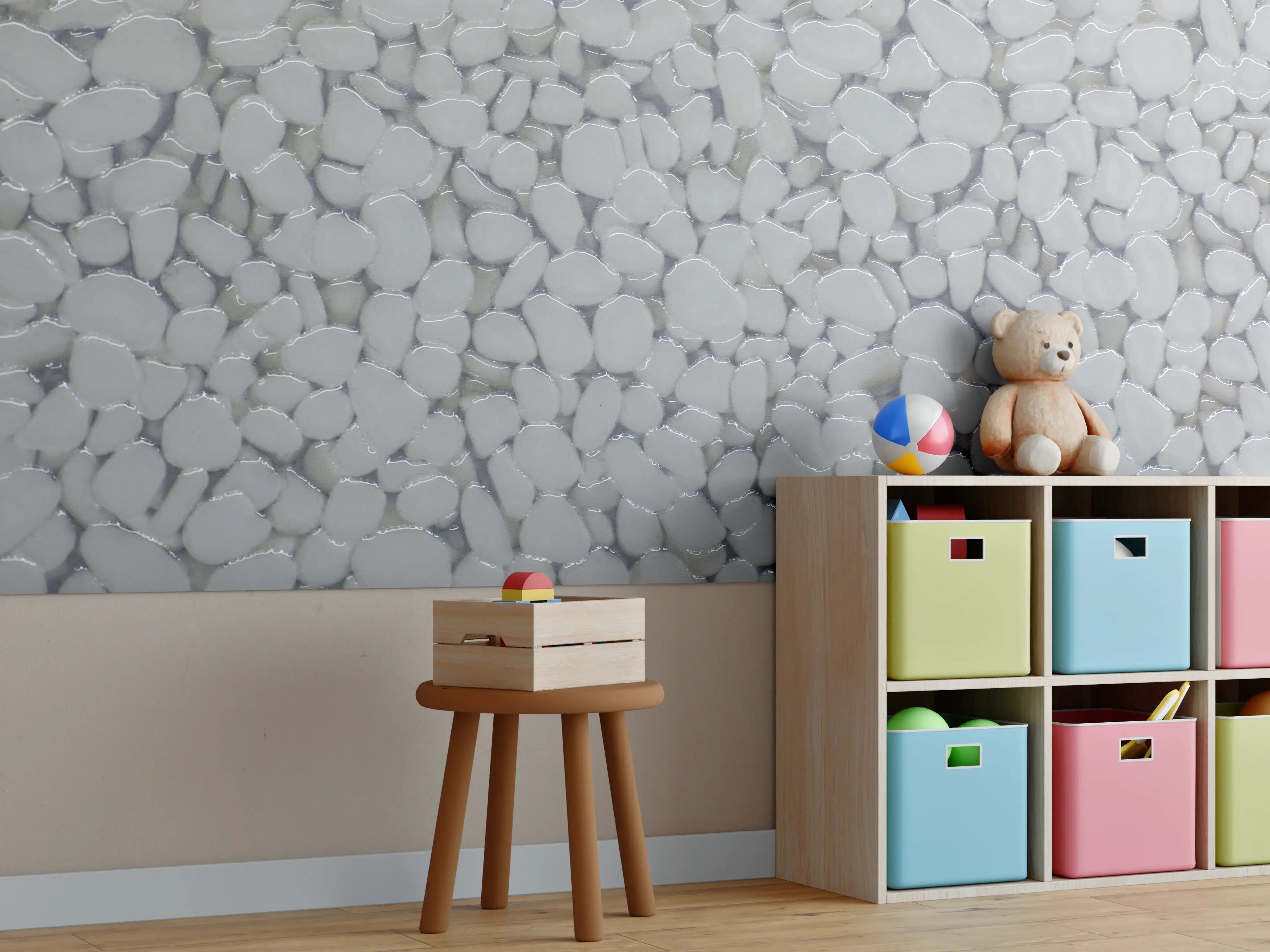 Kinderzimmer Wandgestaltung - Weiße Kieselsteine in grau-weißer Farbgebung