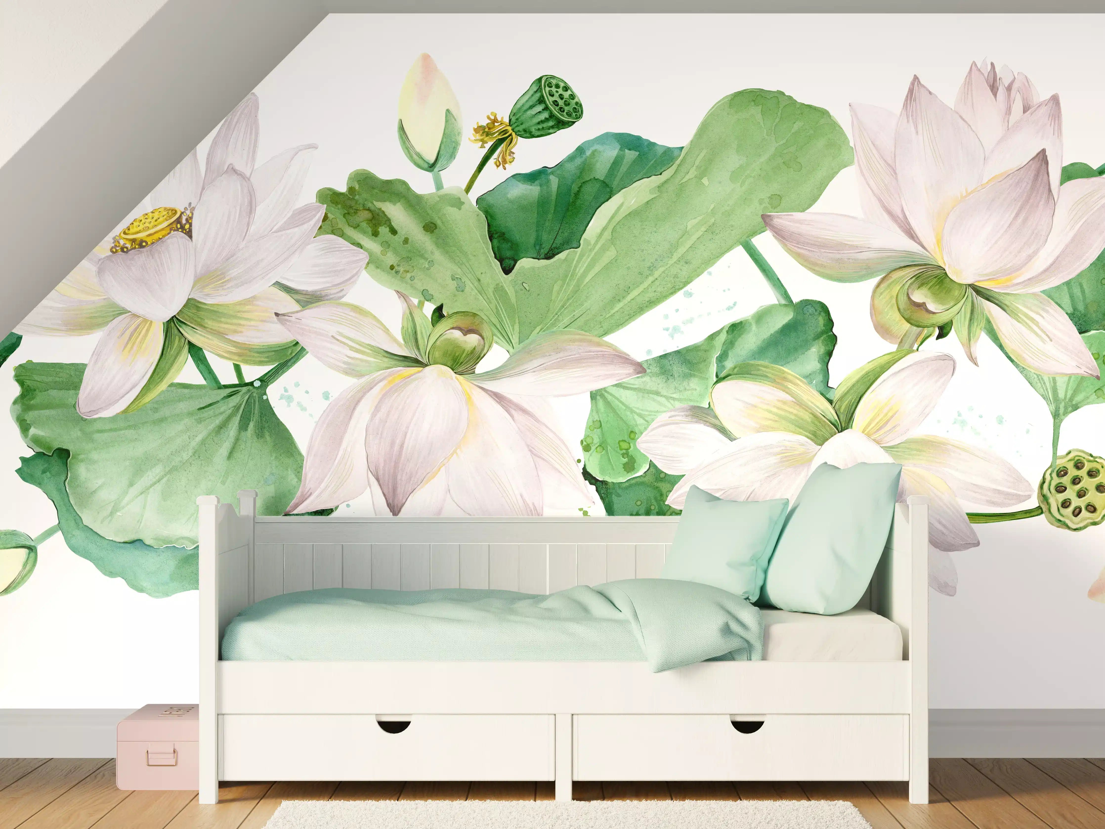 Kinderzimmer Wandgestaltung - Weiße Lotusblumen - nahtlose Muster