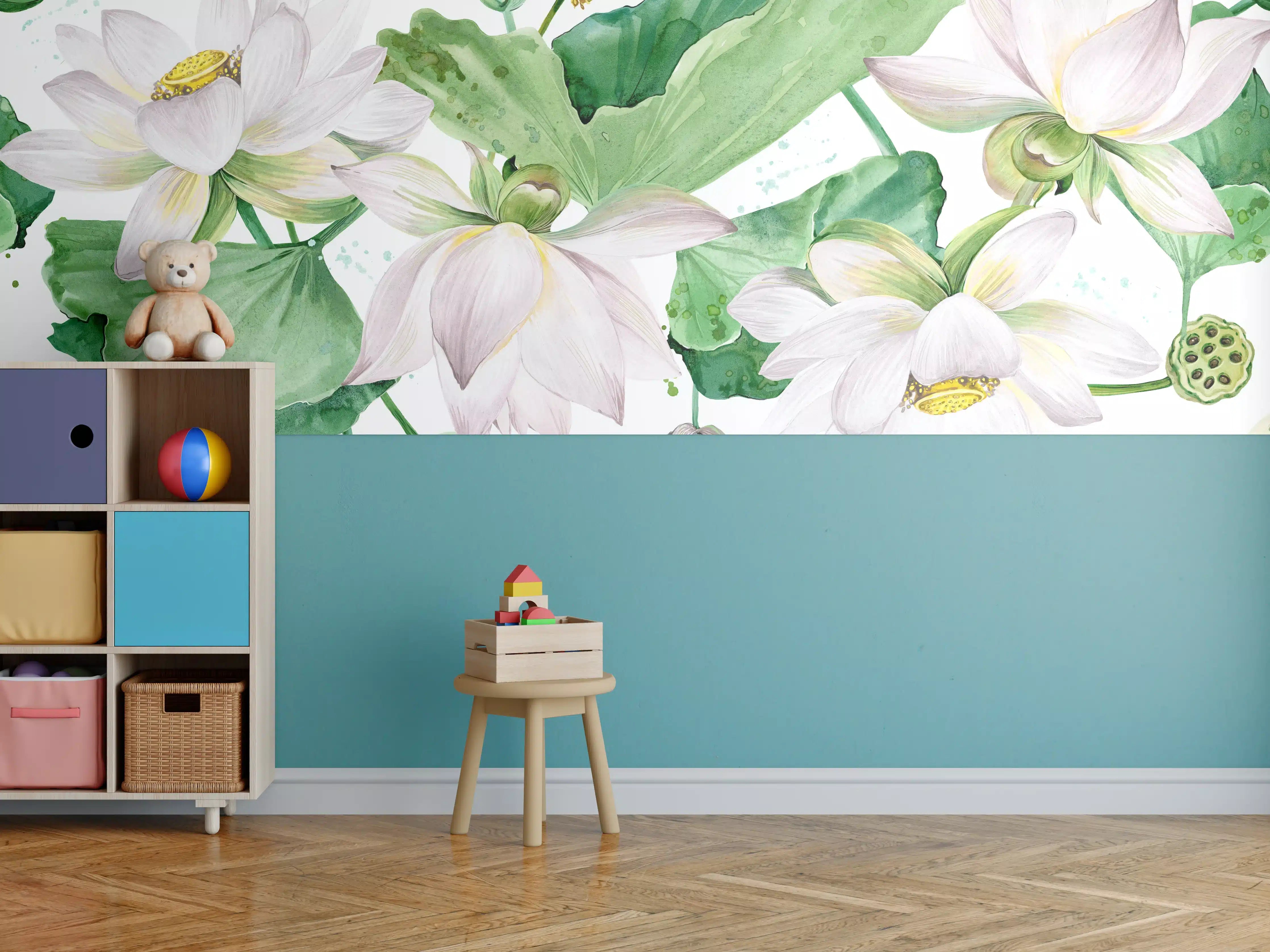 Kinderzimmer Wandgestaltung - Weiße Lotusblumen - nahtlose Muster