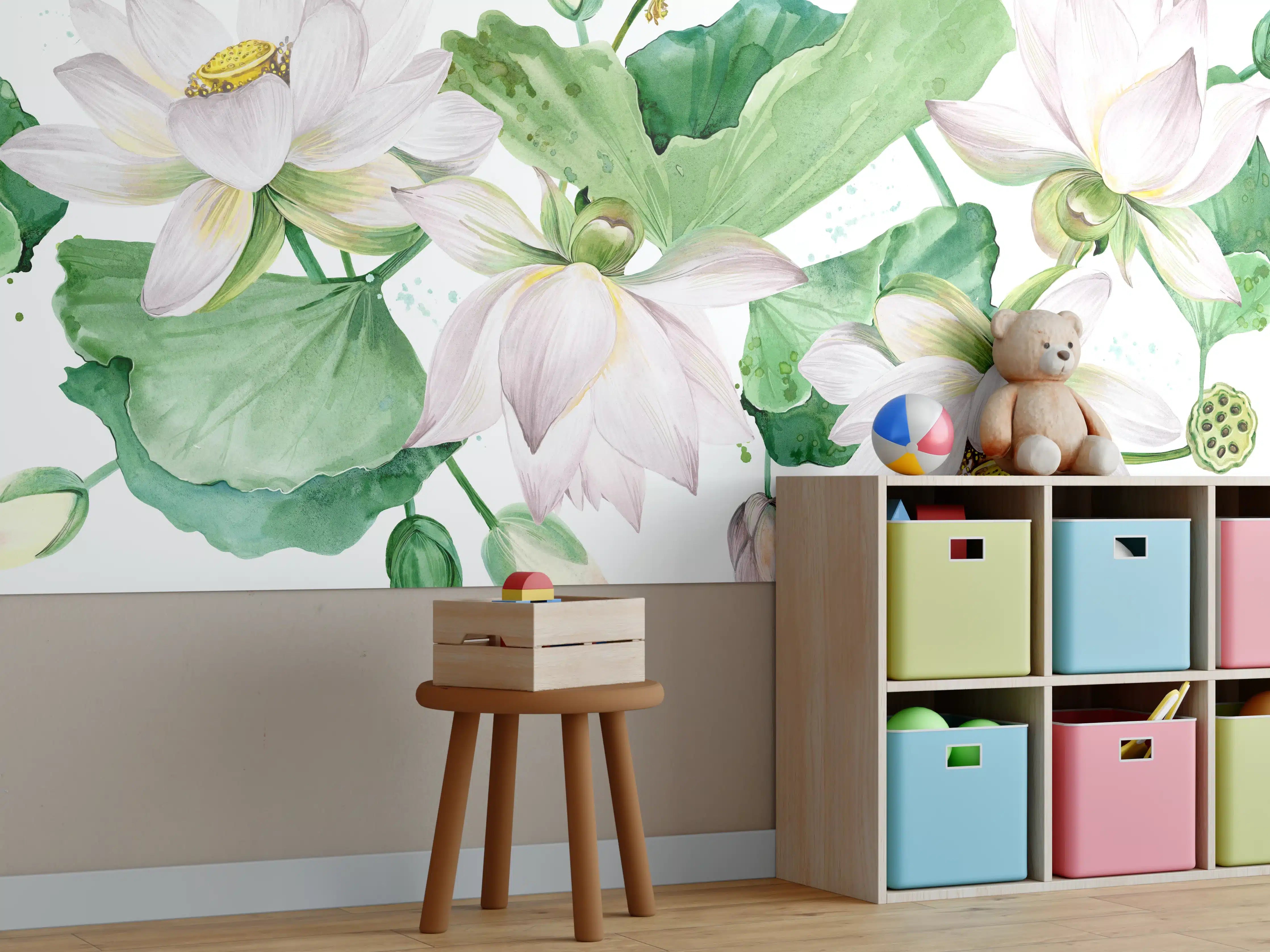 Kinderzimmer Wandgestaltung - Weiße Lotusblumen - nahtlose Muster