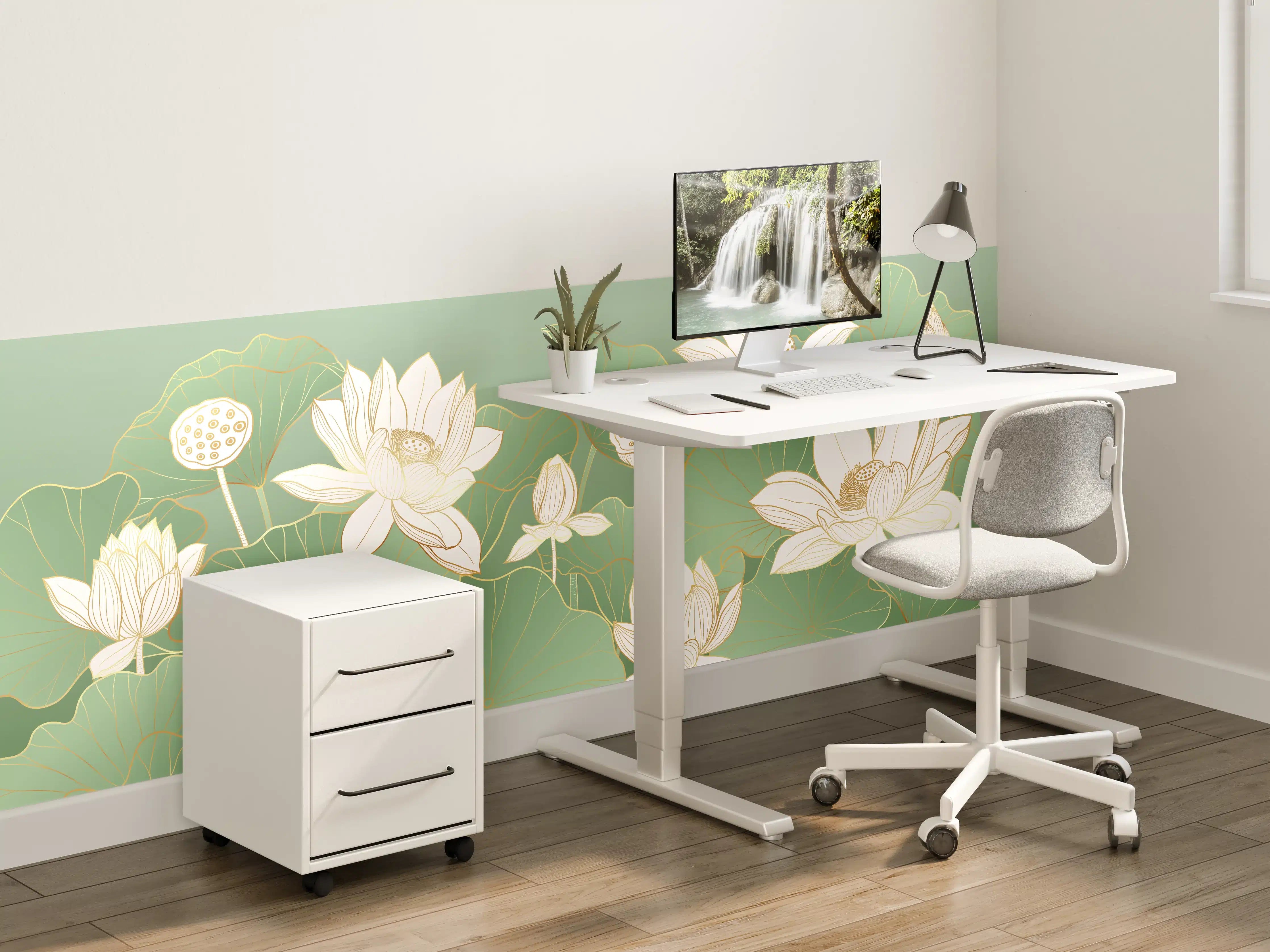 Kinderzimmer Wandgestaltung - Weiße Lotusblumen auf grünem Wasserlilien-Teppich