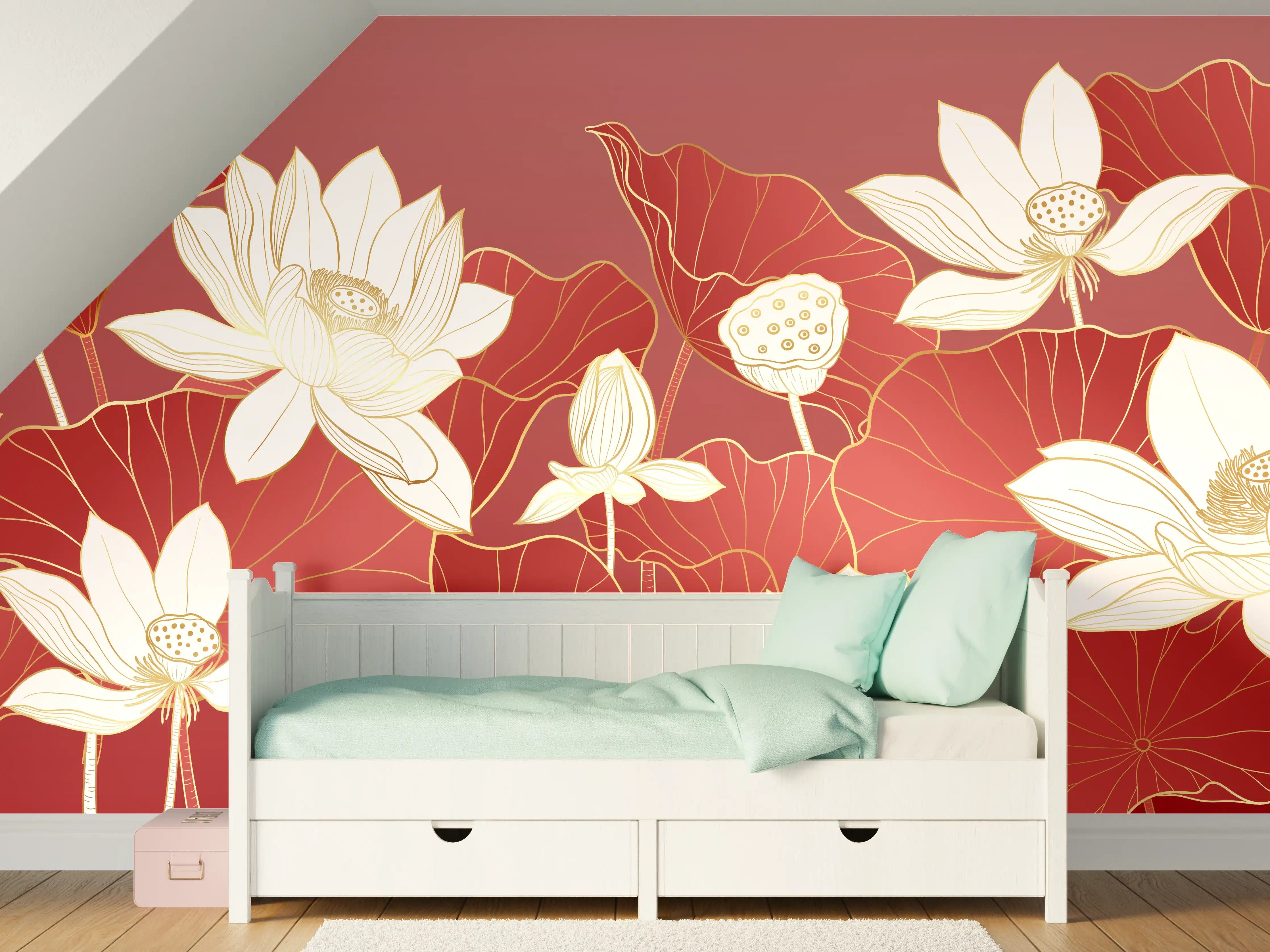 Kinderzimmer Wandgestaltung - Weiße Lotusblumen auf rotem Hintergrund mit Goldakzenten