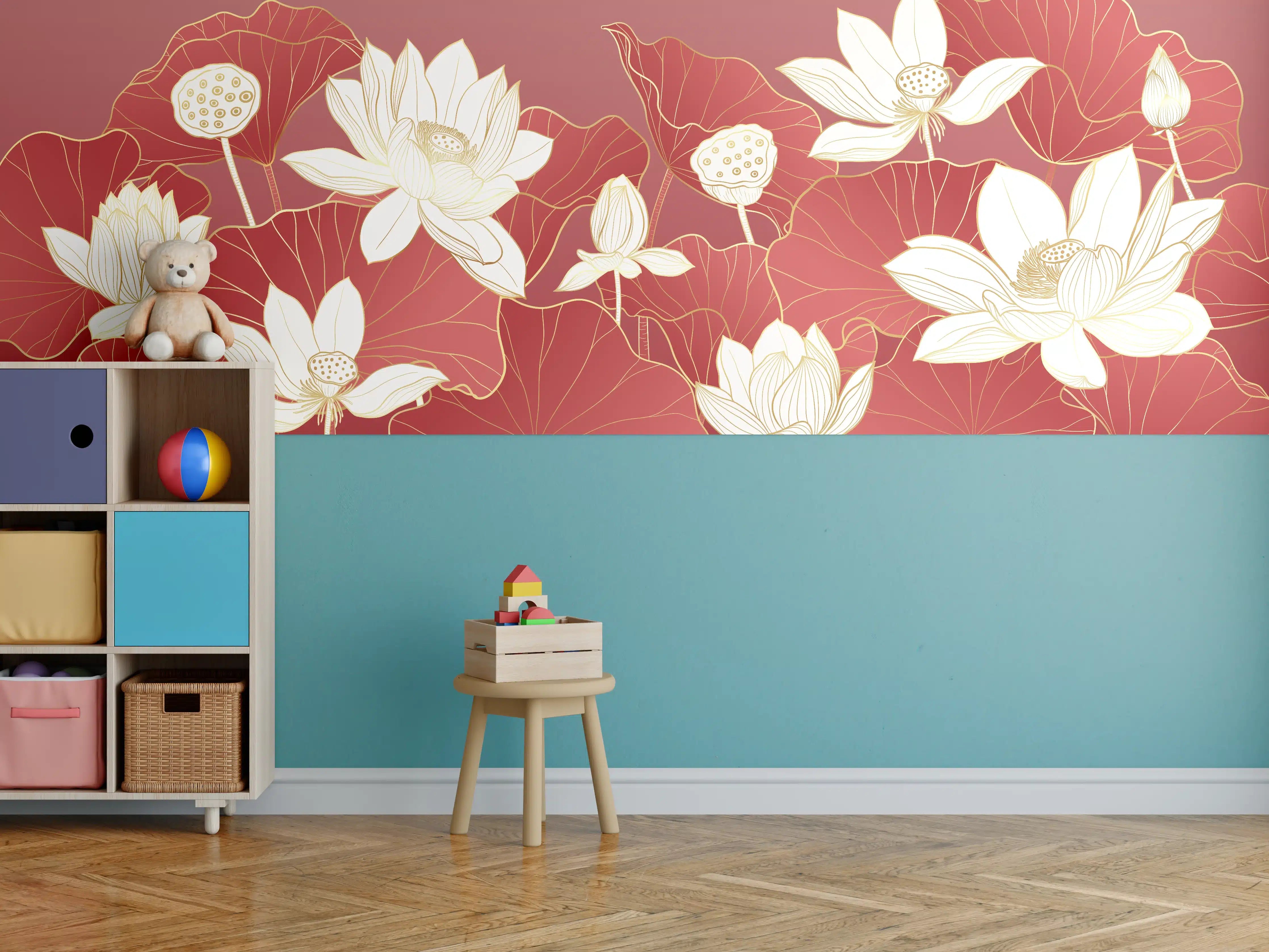 Kinderzimmer Wandgestaltung - Weiße Lotusblumen auf rotem Hintergrund mit Goldakzenten