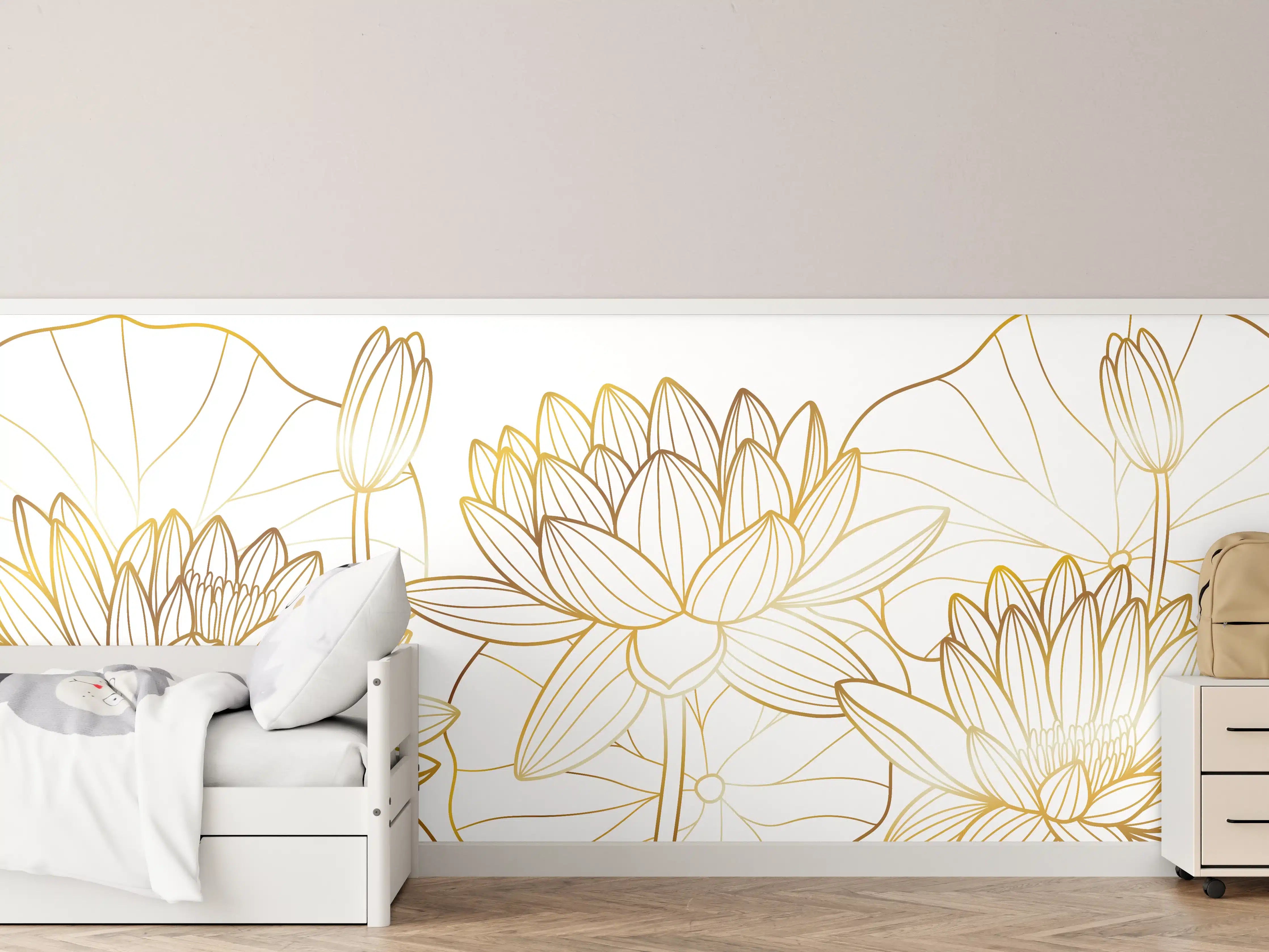 Kinderzimmer Wandgestaltung - Weiße Lotusblumen mit Goldakzenten