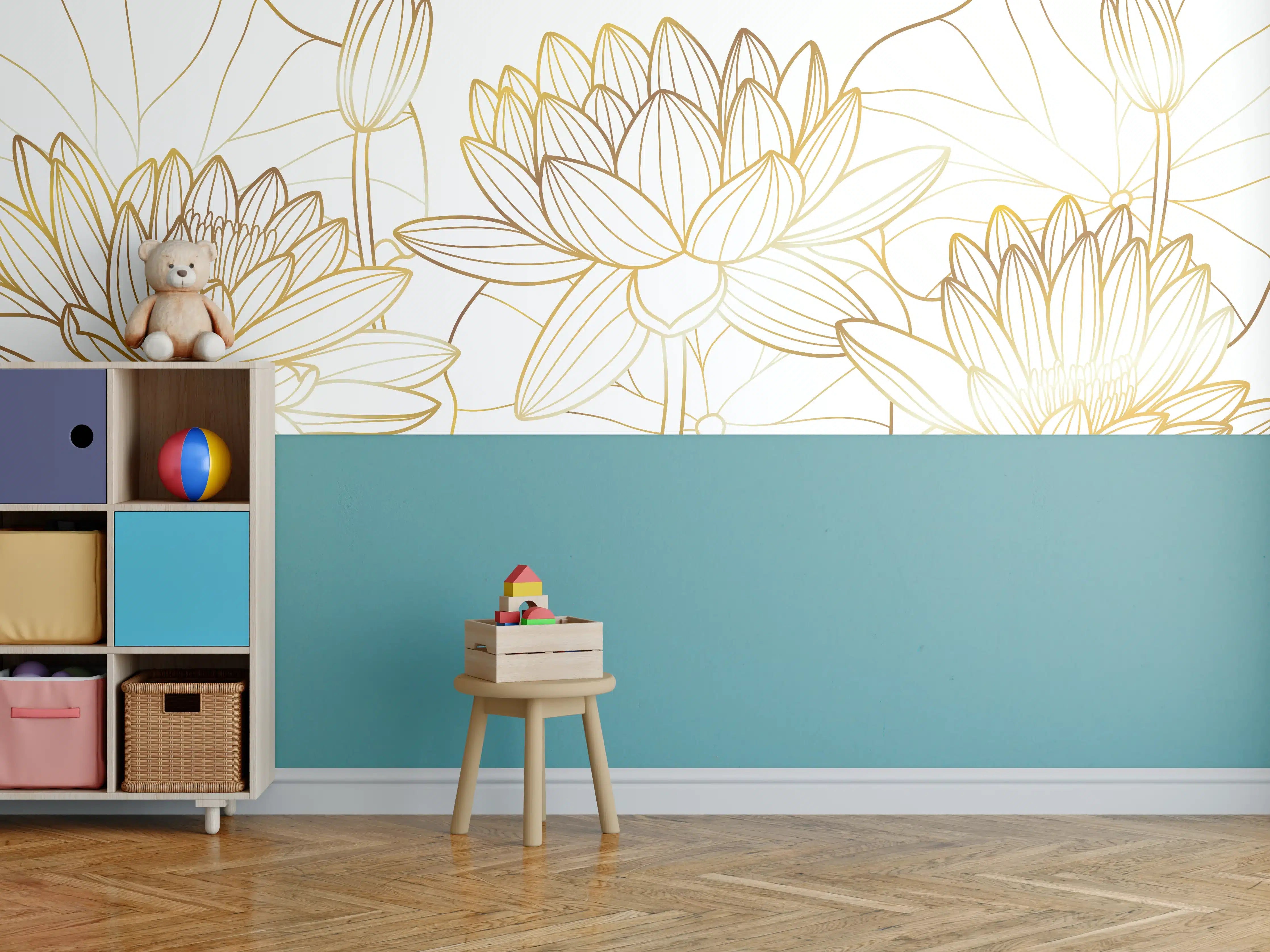 Kinderzimmer Wandgestaltung - Weiße Lotusblumen mit Goldakzenten
