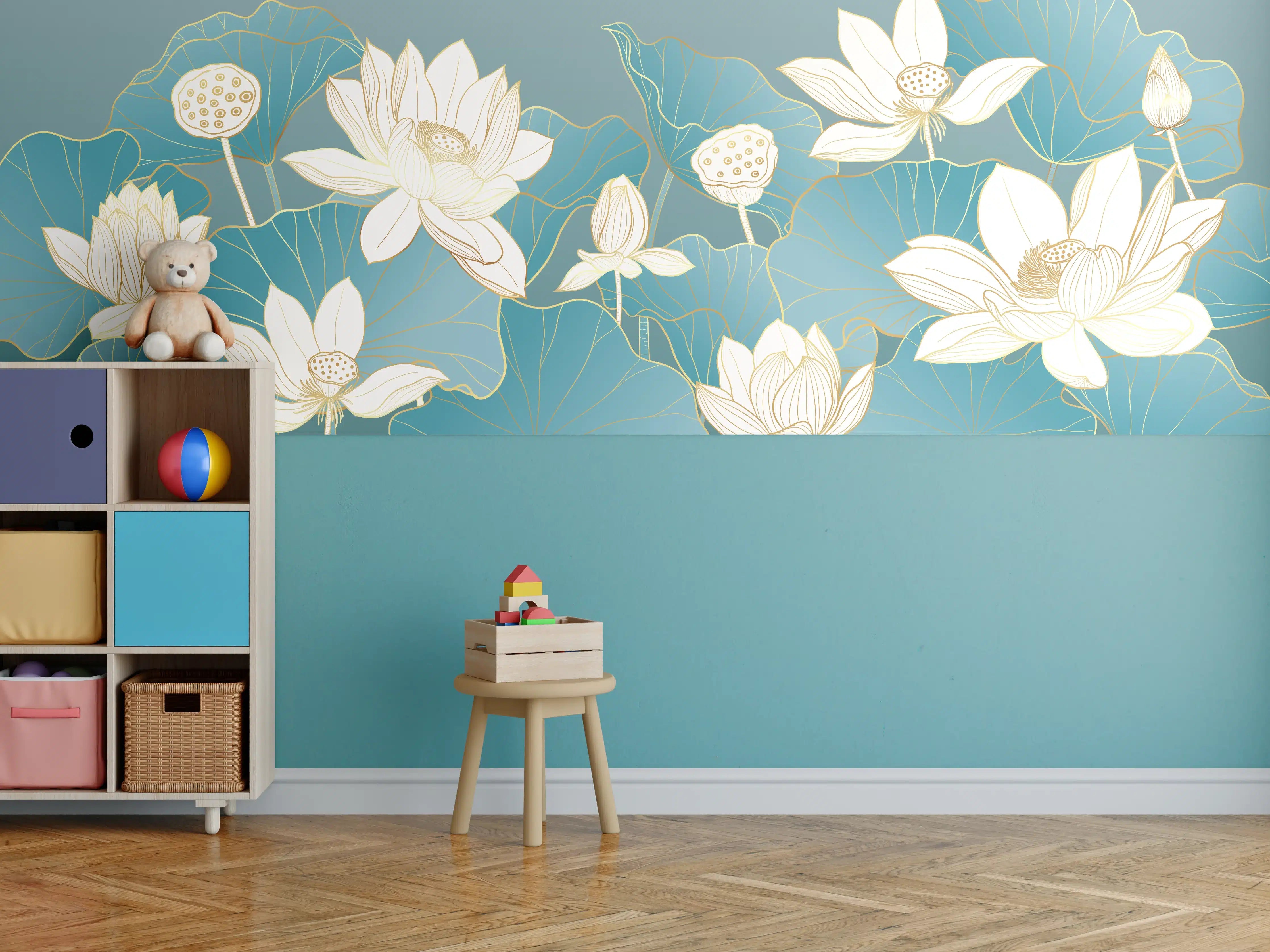 Kinderzimmer Wandgestaltung - Weiße Lotusblumen vor blauen Wasserlilienblättern mit goldenen Akzenten