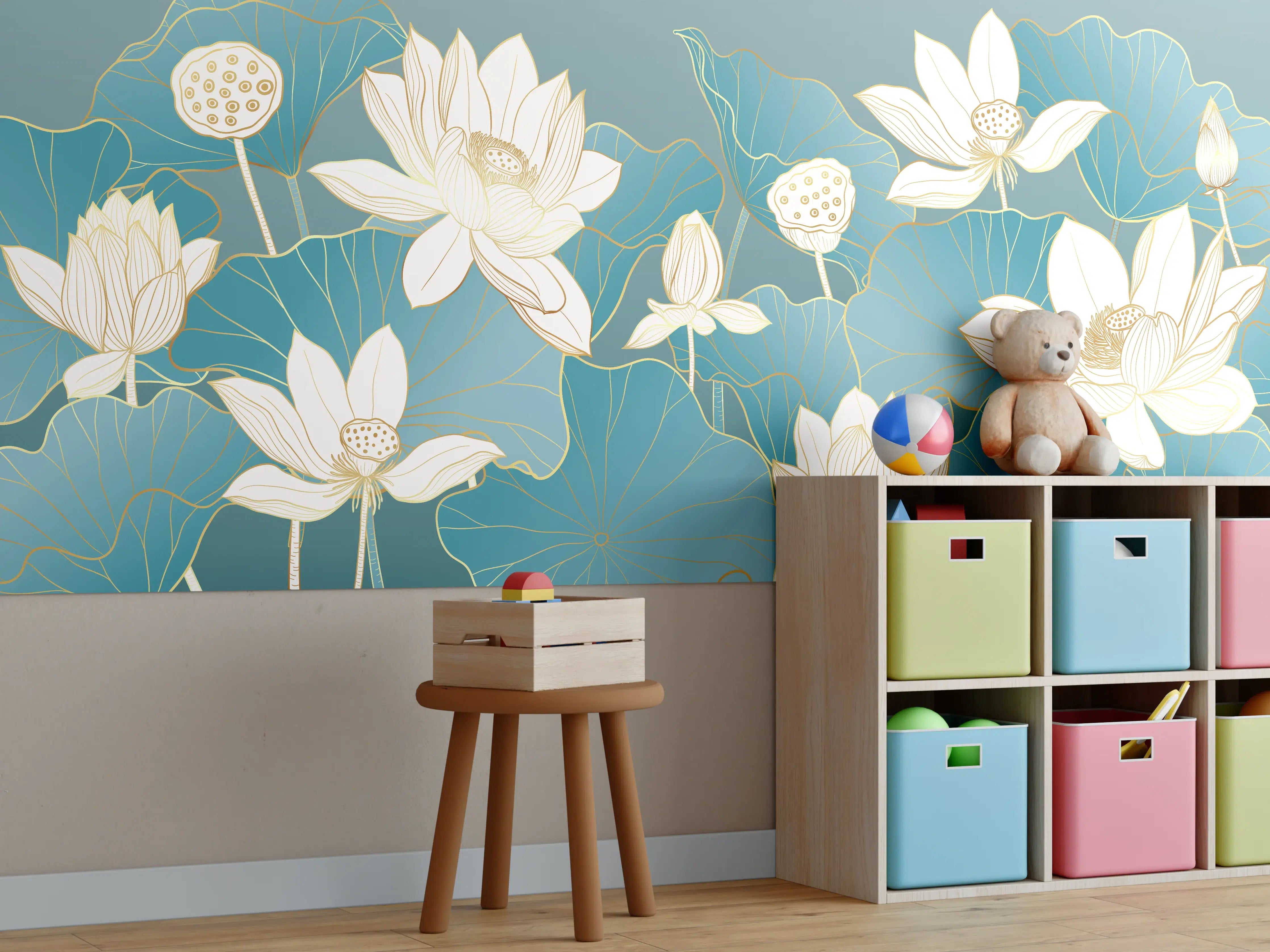 Kinderzimmer Wandgestaltung - Weiße Lotusblumen vor blauen Wasserlilienblättern mit goldenen Akzenten