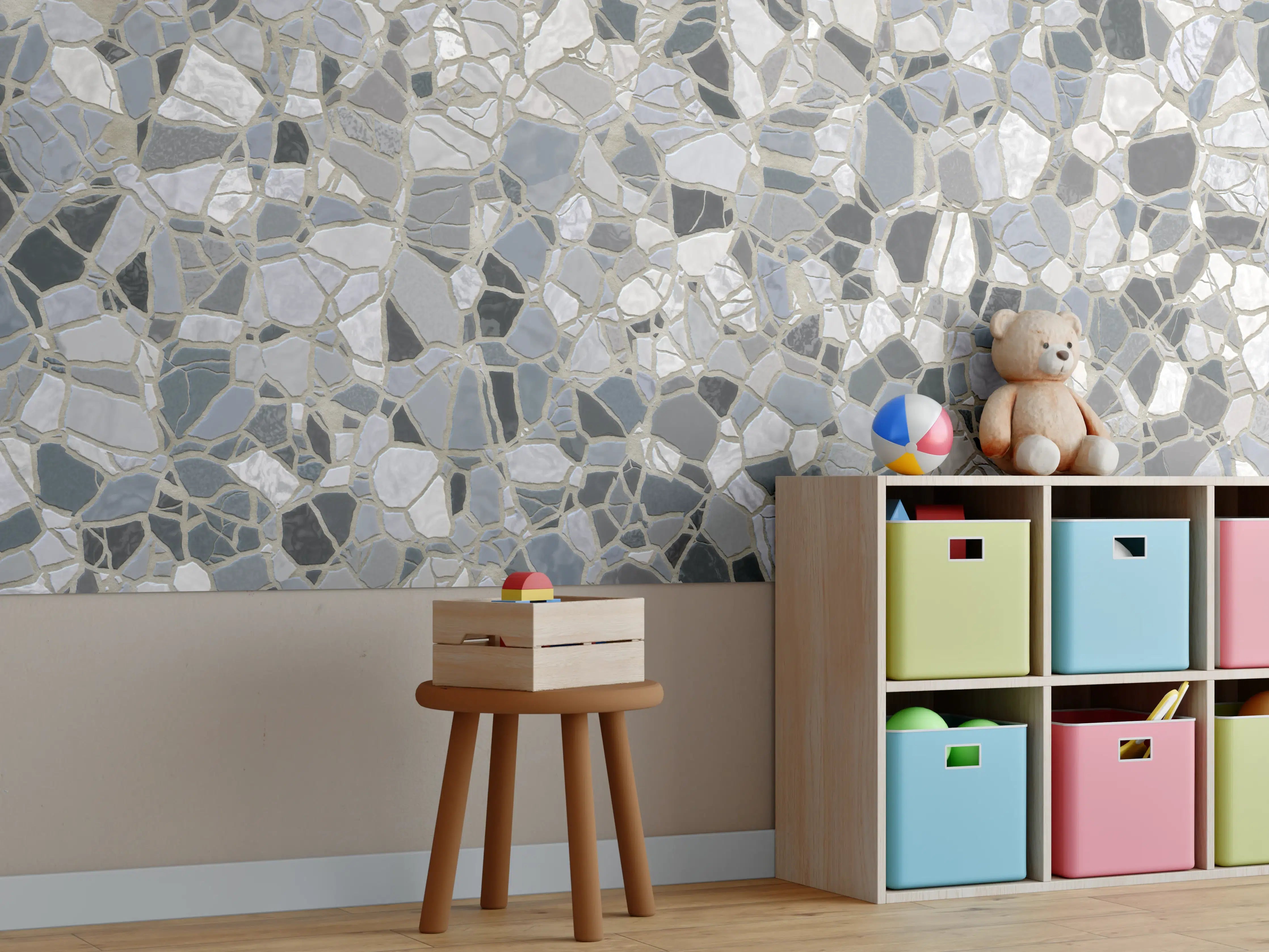 Kinderzimmer Wandgestaltung - Weiße Marmor-Textur mit Grauelementen