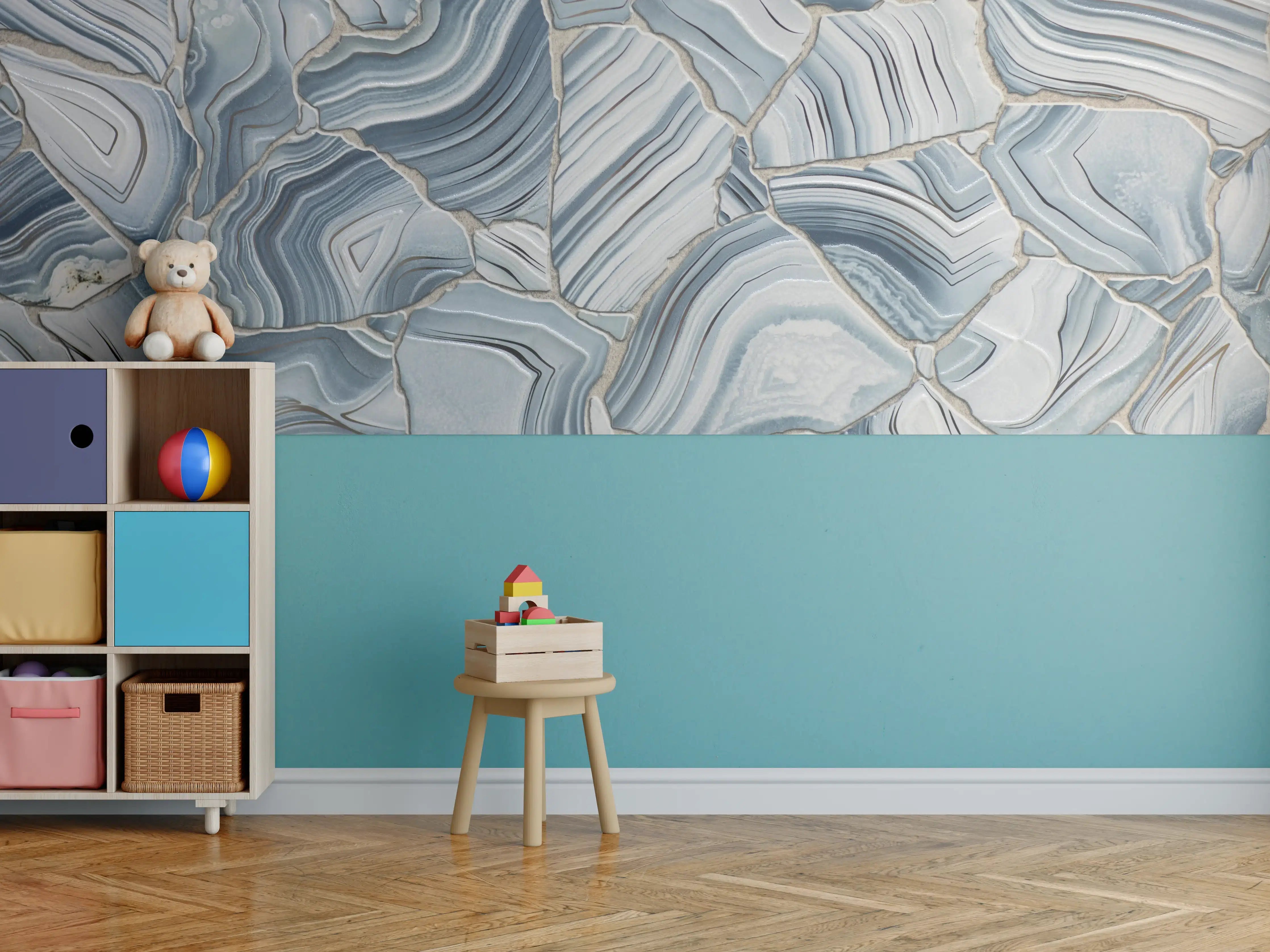 Kinderzimmer Wandgestaltung - Weiße Marmor-Textur mit blauen Akzenten