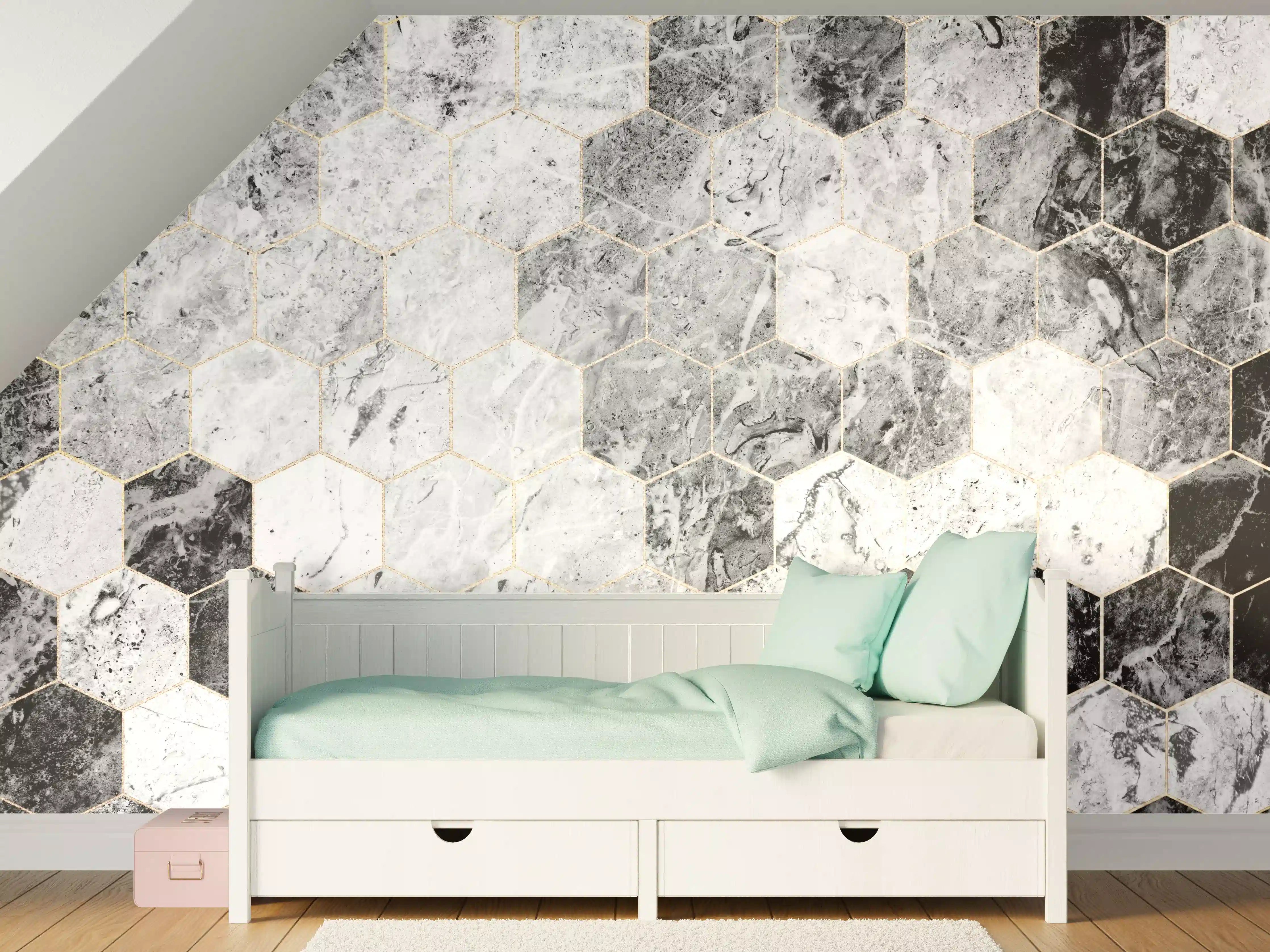 Kinderzimmer Wandgestaltung - Weiße Marmor-Textur mit schwarzen Akzenten