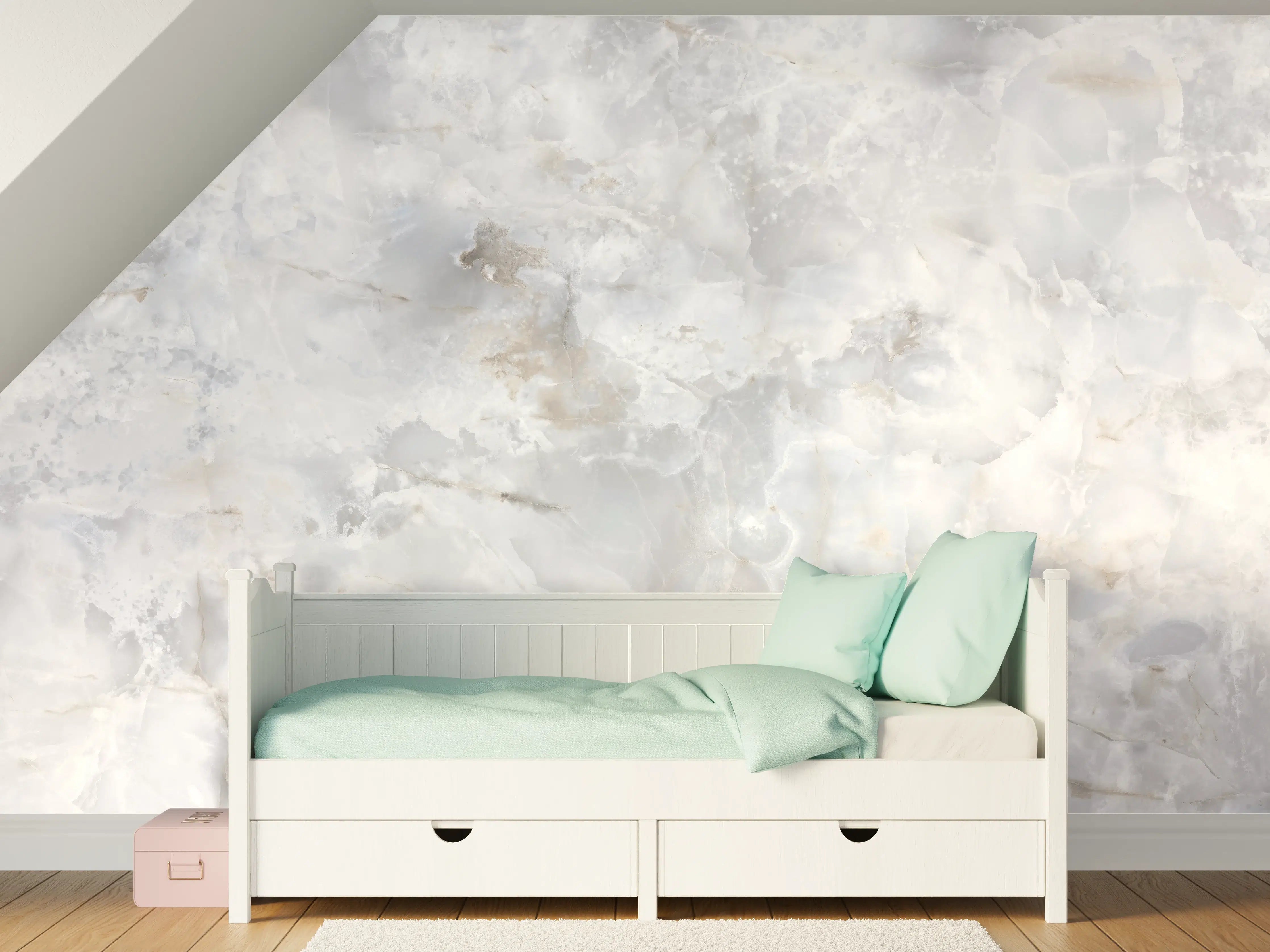Kinderzimmer Wandgestaltung - Weiße Marmotextur mit Grau-Akzenten