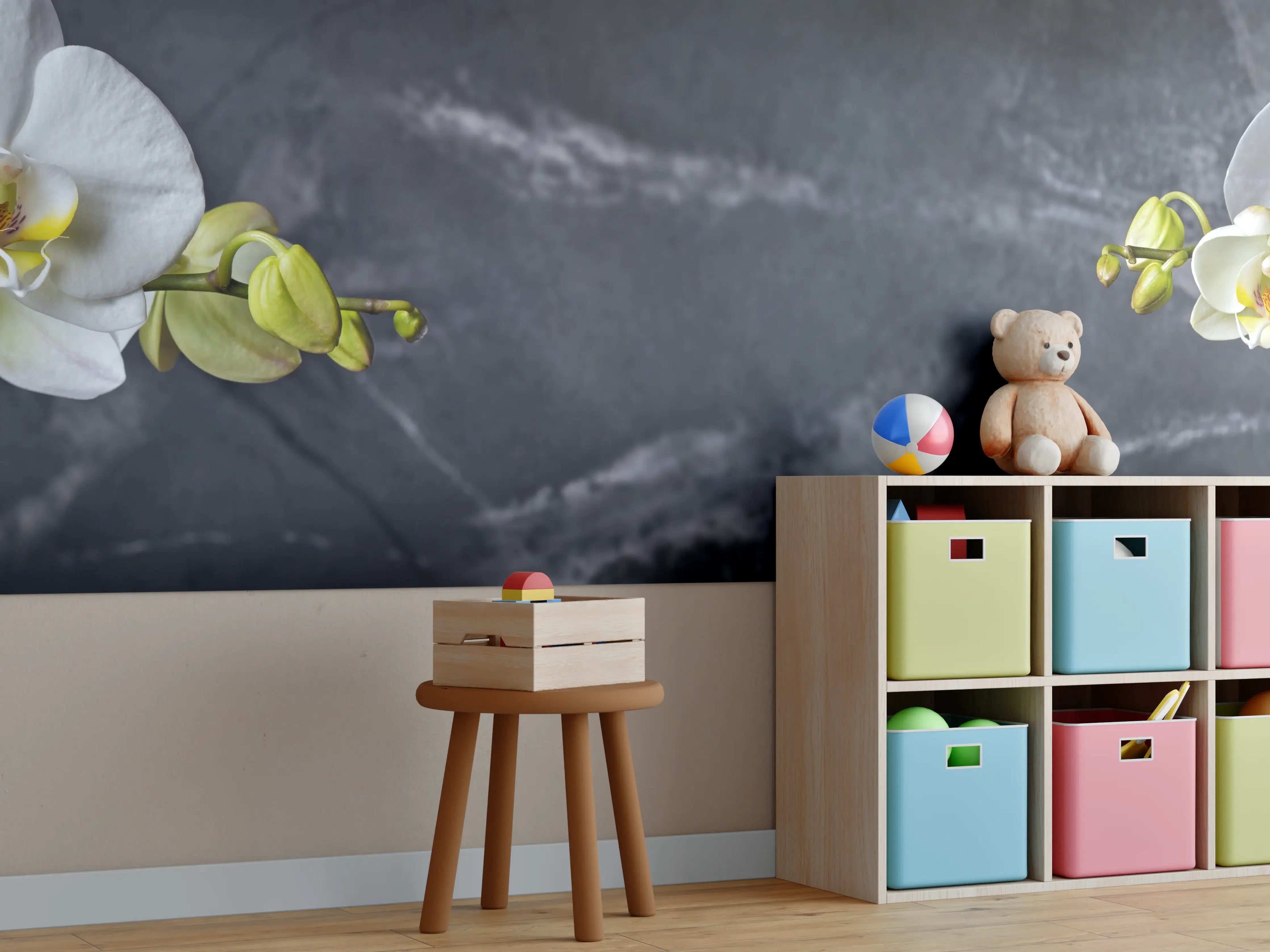 Kinderzimmer Wandgestaltung - Weiße Orchideen auf Marmor