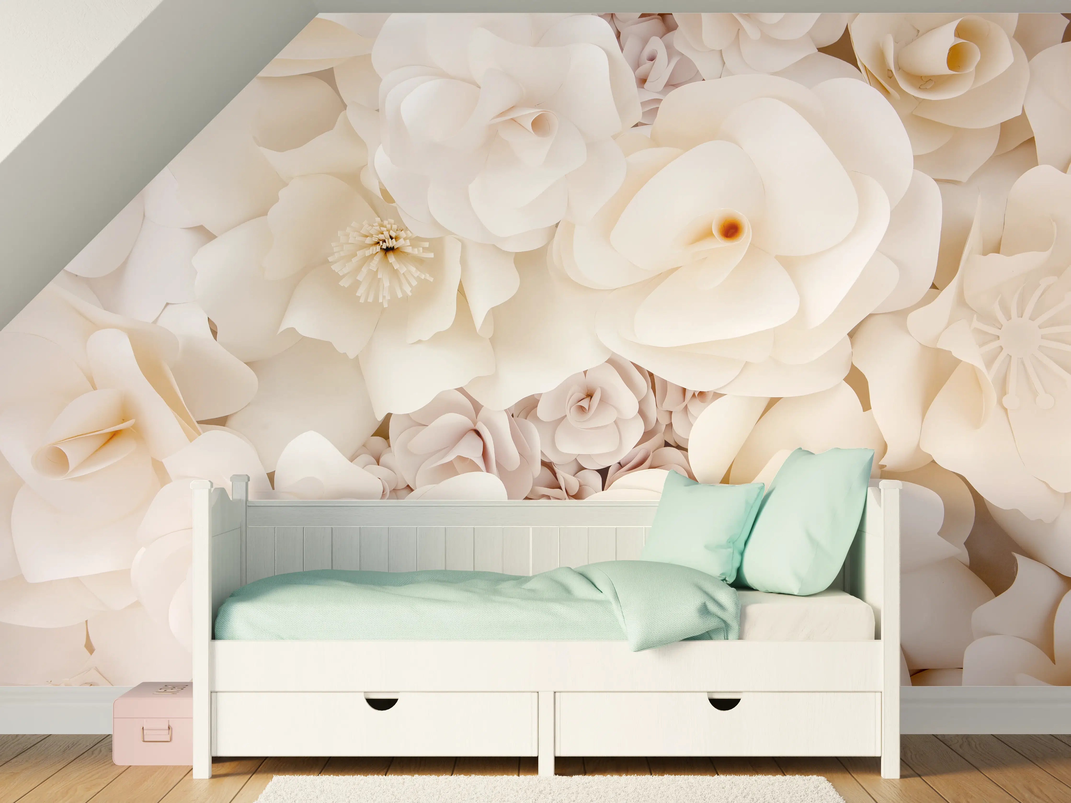 Kinderzimmer Wandgestaltung - Weiße Papierblumen