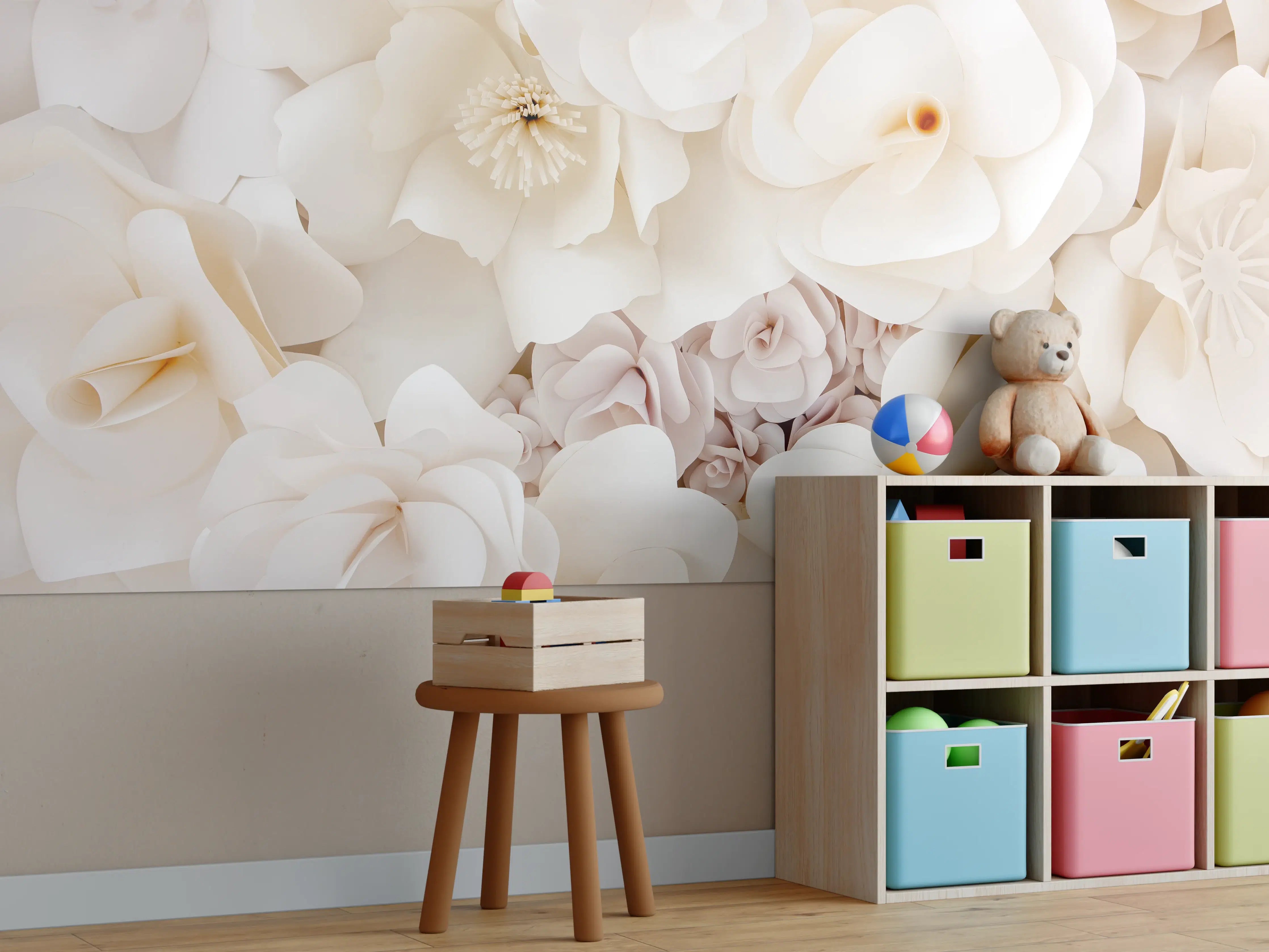 Kinderzimmer Wandgestaltung - Weiße Papierblumen