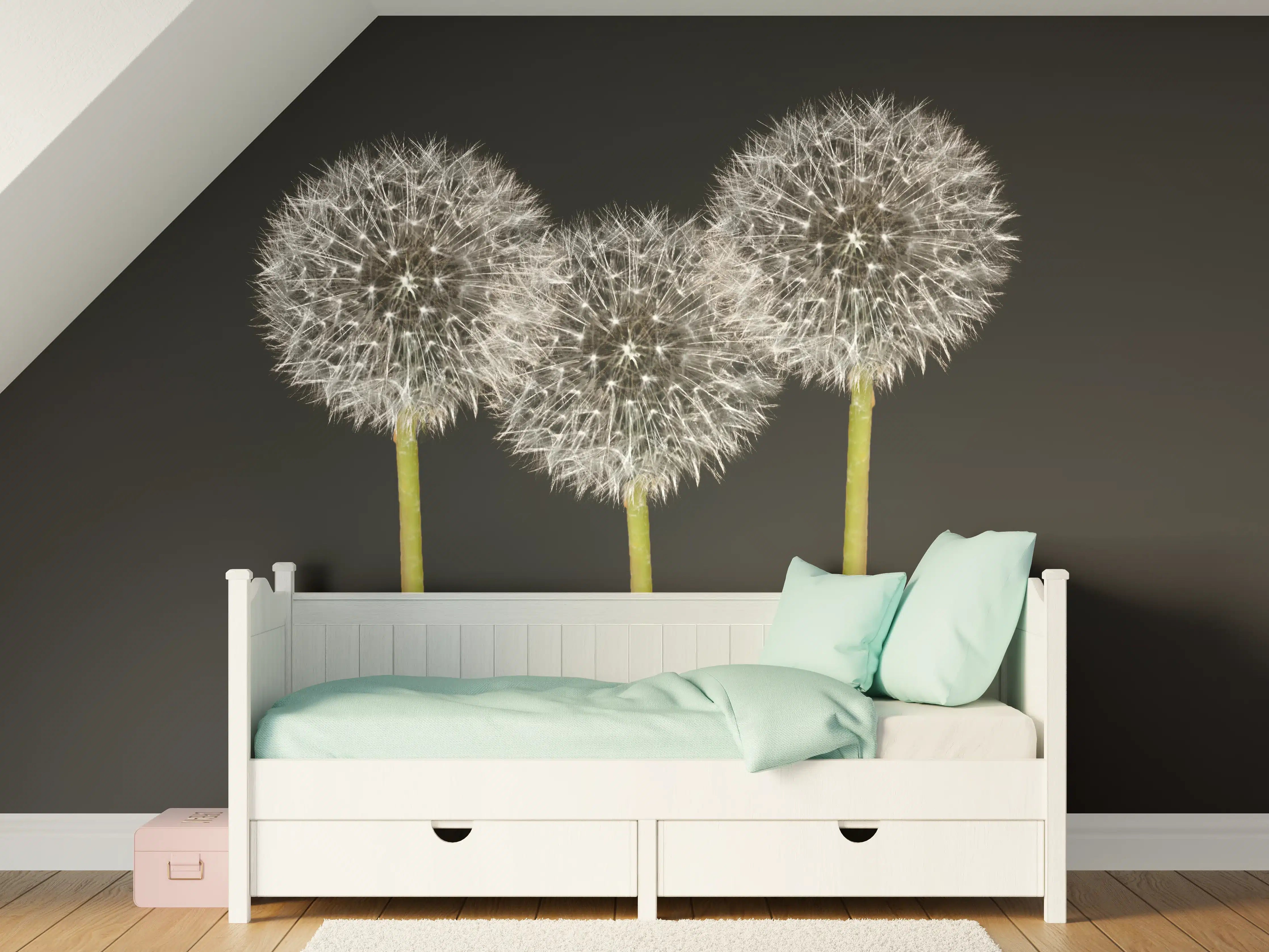 Kinderzimmer Wandgestaltung - Weiße Pusteblumen auf Schwarz