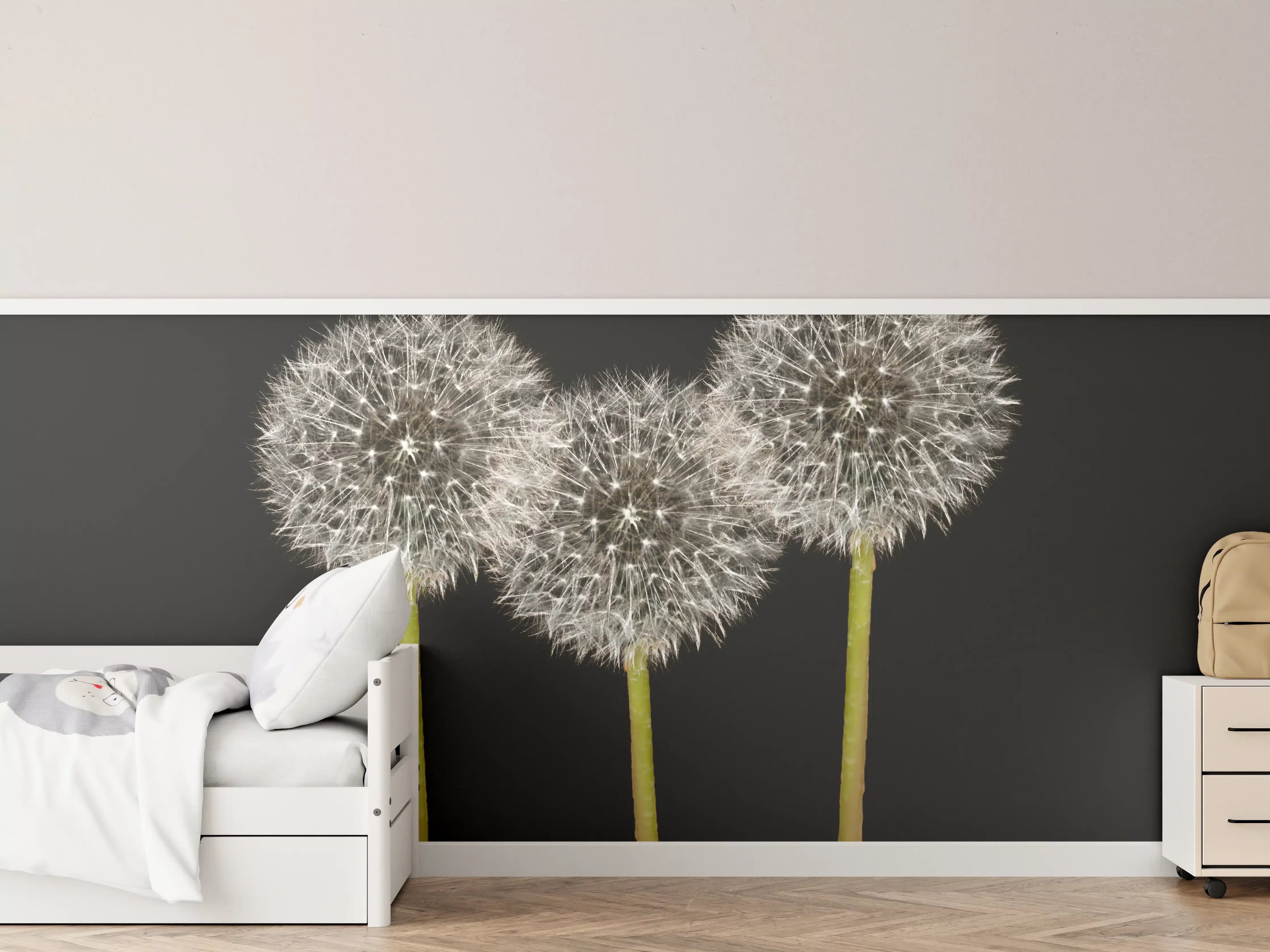 Kinderzimmer Wandgestaltung - Weiße Pusteblumen auf Schwarz