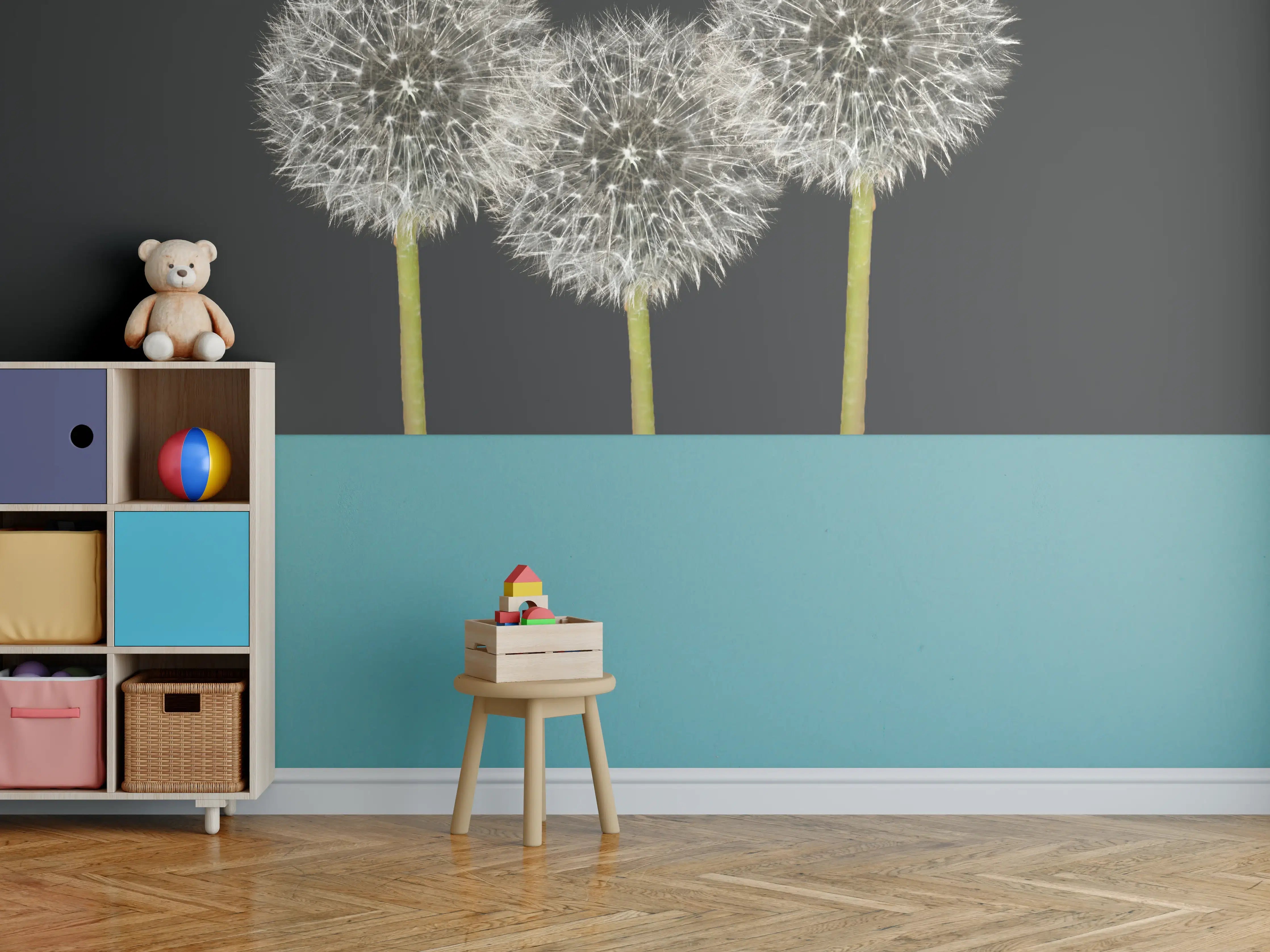 Kinderzimmer Wandgestaltung - Weiße Pusteblumen auf Schwarz