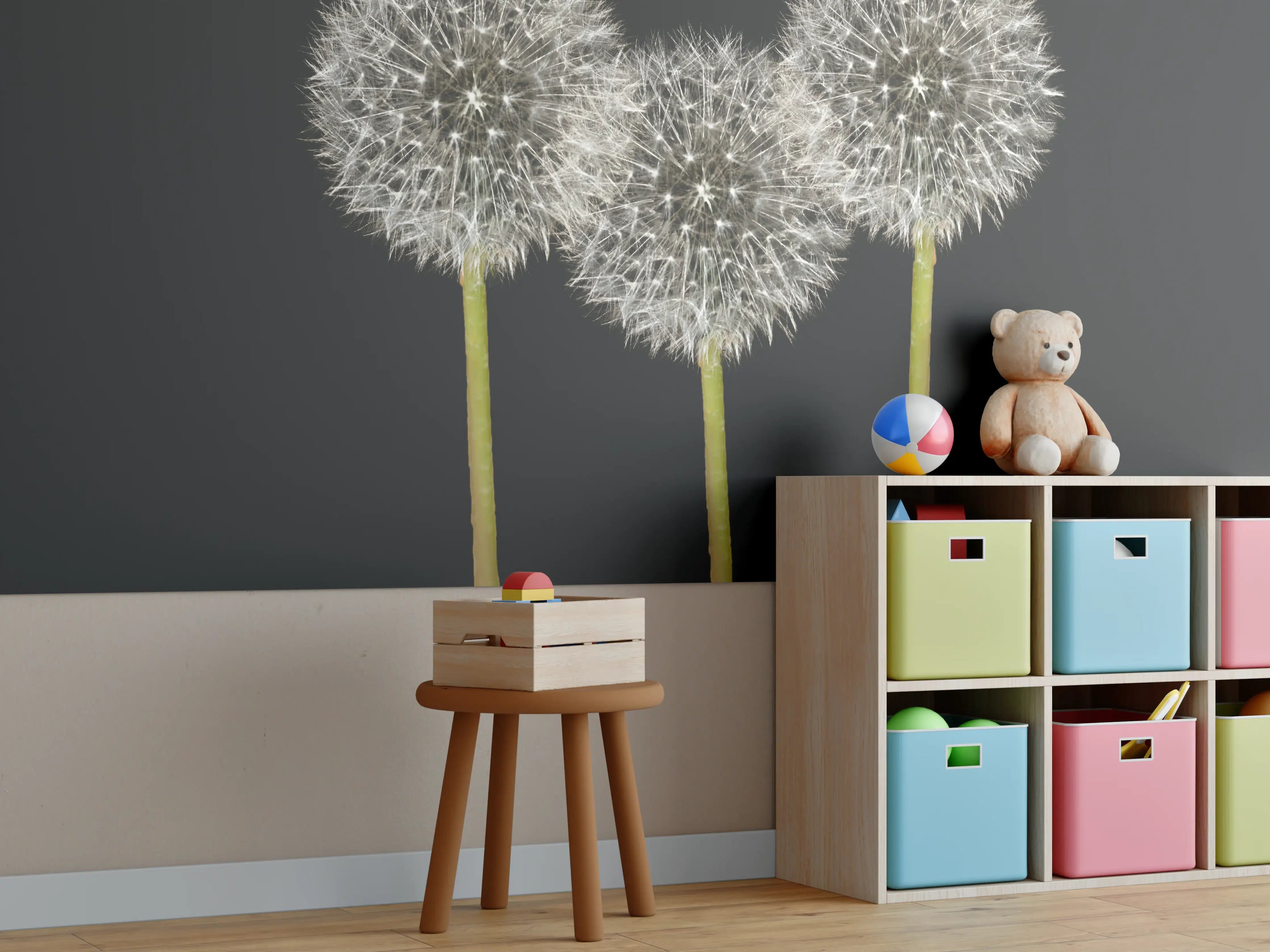 Kinderzimmer Wandgestaltung - Weiße Pusteblumen auf Schwarz