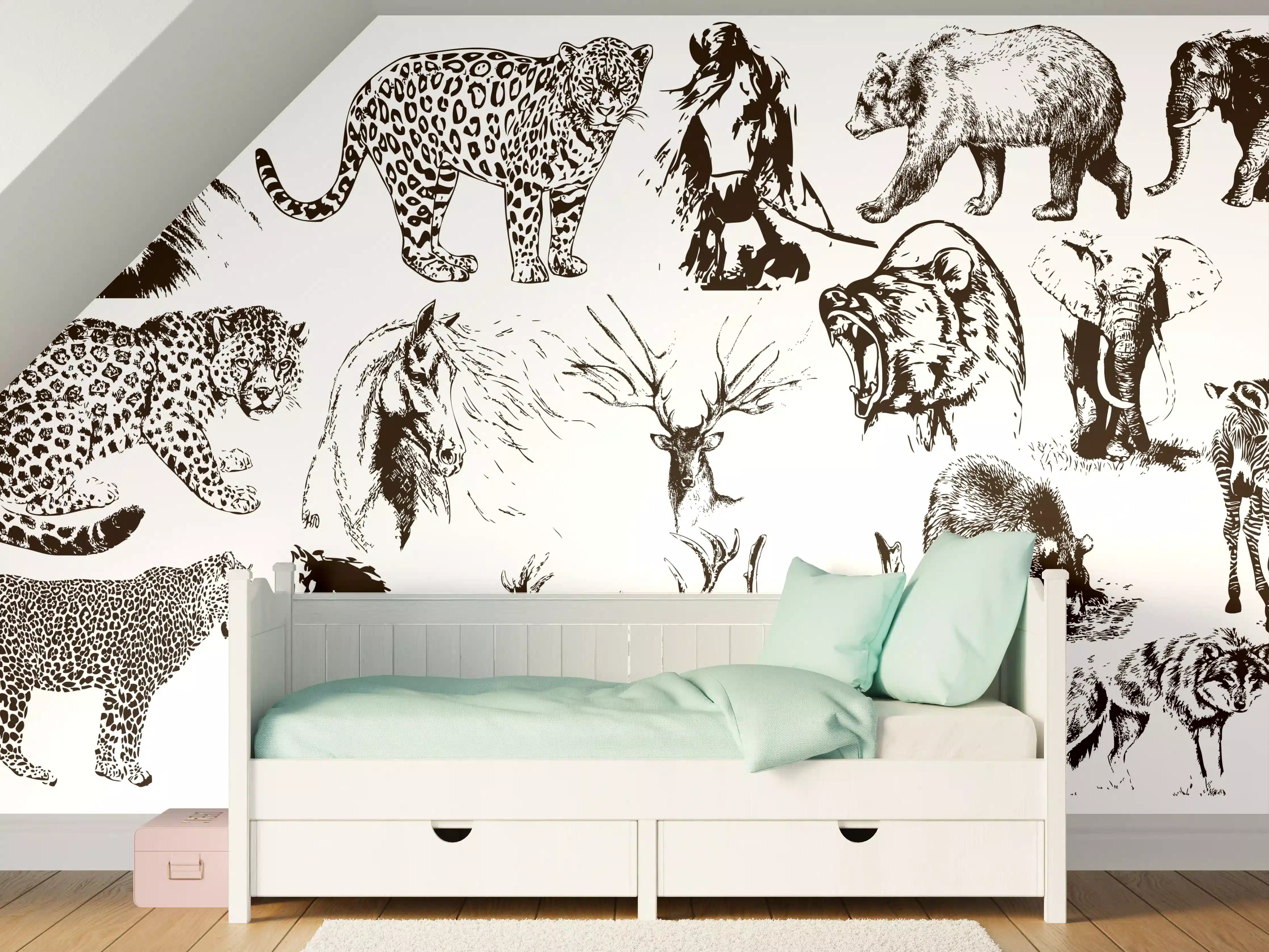 Kinderzimmer Wandgestaltung - Weiße Tierkollektion auf schwarzem Hintergrund