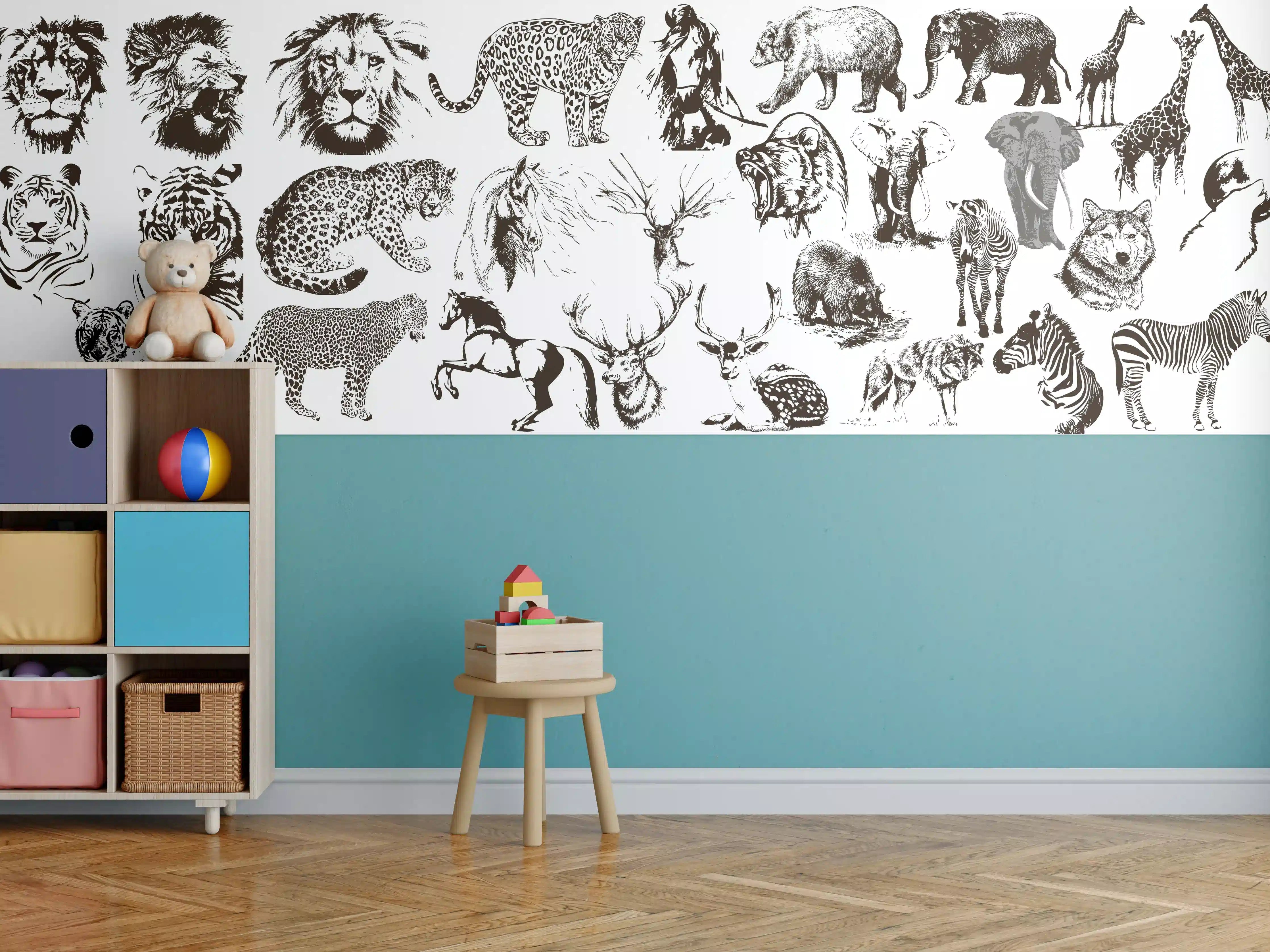 Kinderzimmer Wandgestaltung - Weiße Tierkollektion auf schwarzem Hintergrund