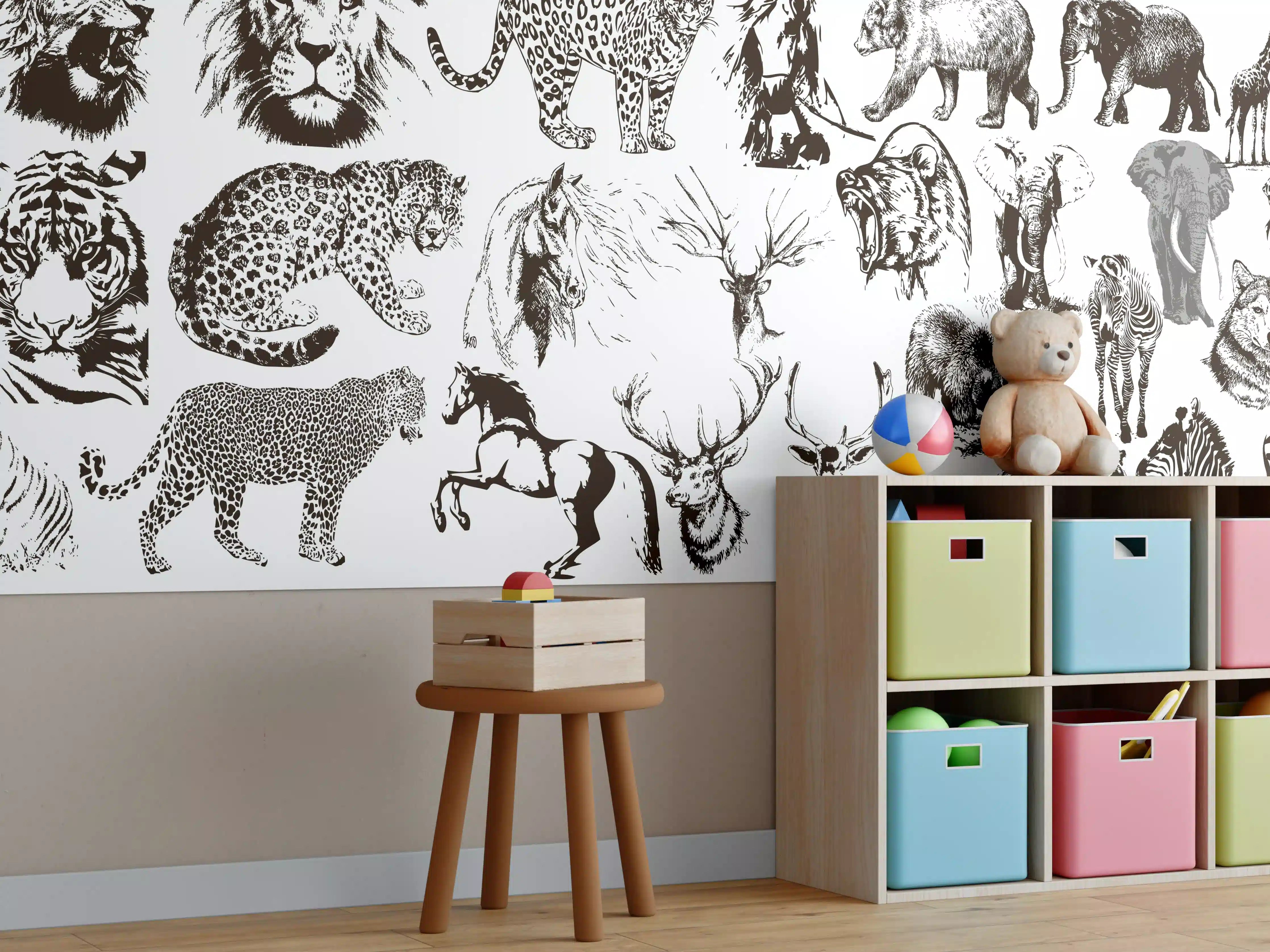 Kinderzimmer Wandgestaltung - Weiße Tierkollektion auf schwarzem Hintergrund