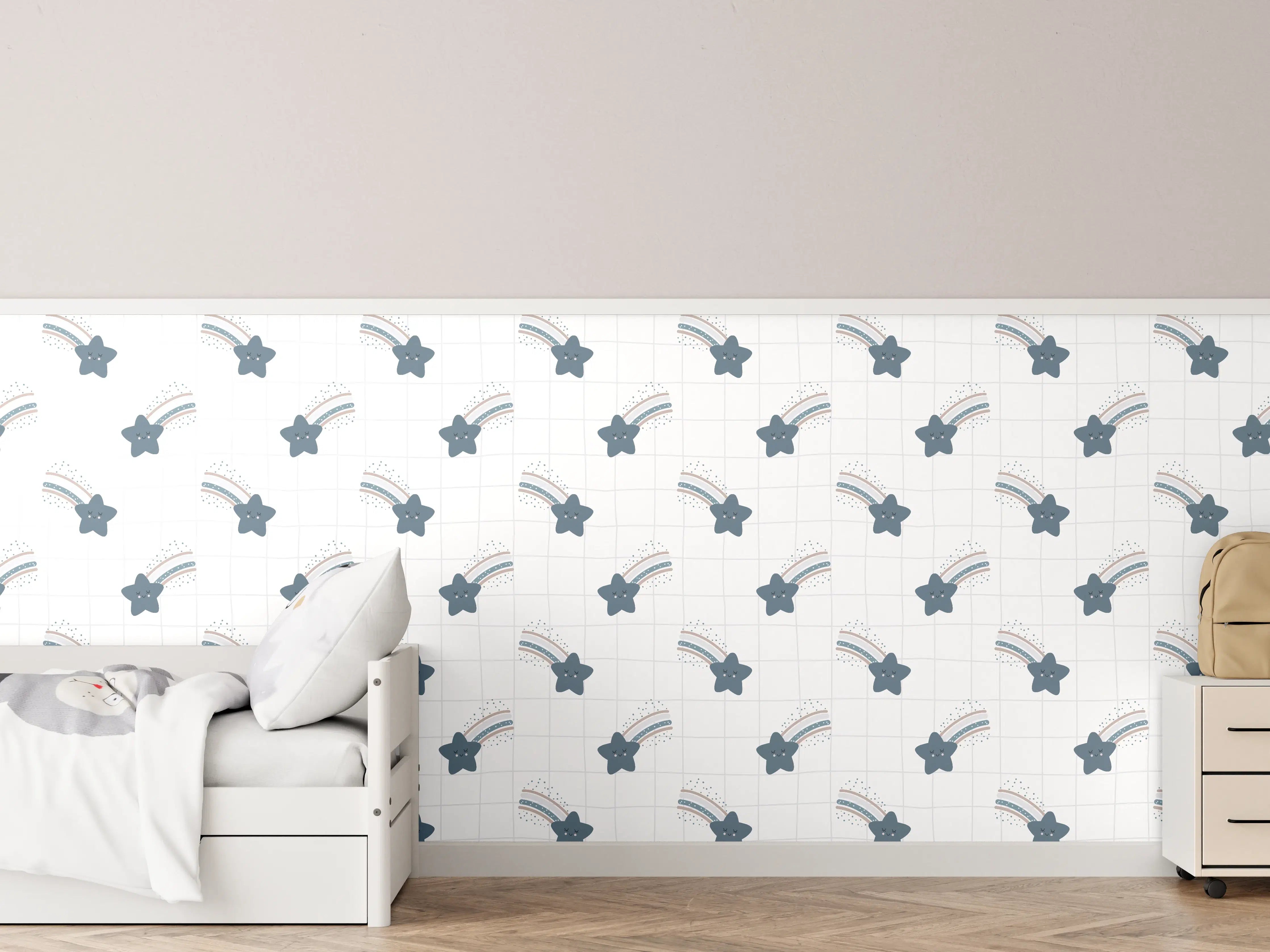 Kinderzimmer Wandgestaltung - Weiße Wand mit blauen Sternenmotiv