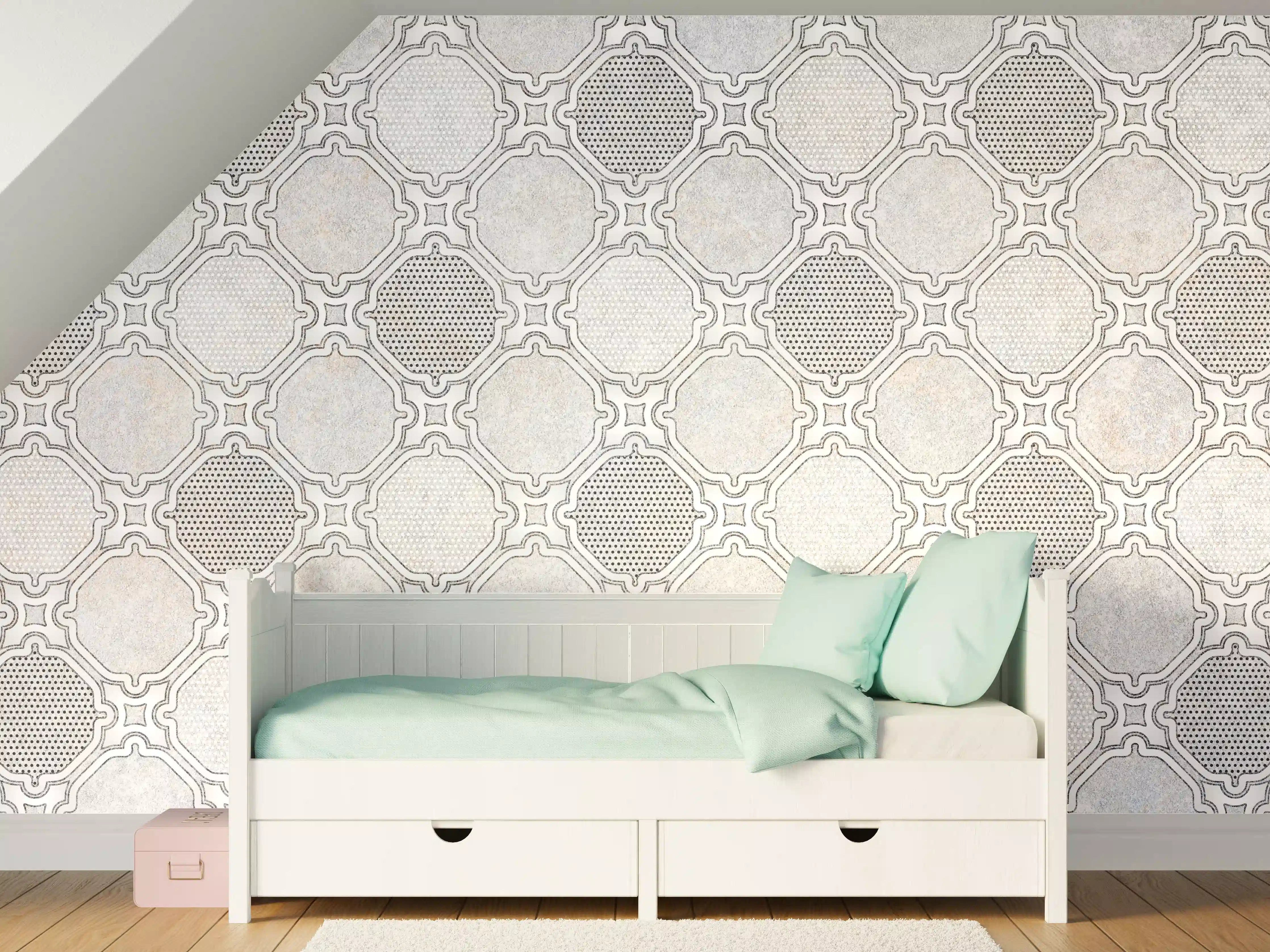 Kinderzimmer Wandgestaltung - Weiße Wand mit grauer Steindekor-Optik