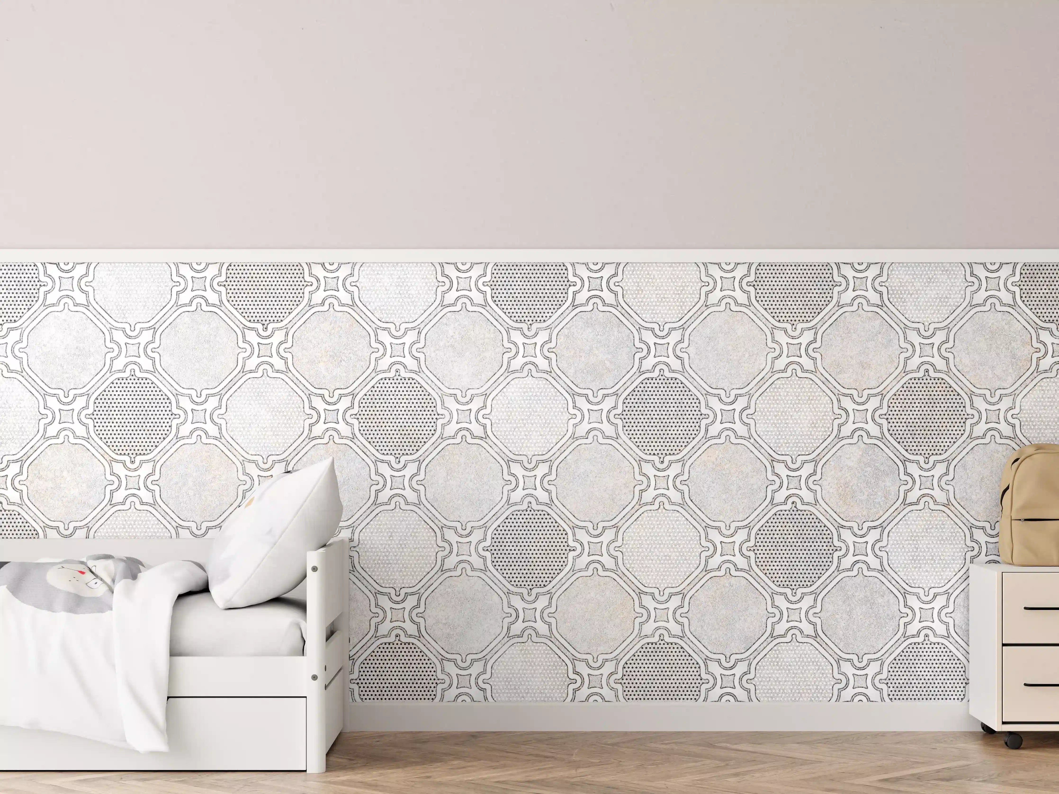 Kinderzimmer Wandgestaltung - Weiße Wand mit grauer Steindekor-Optik