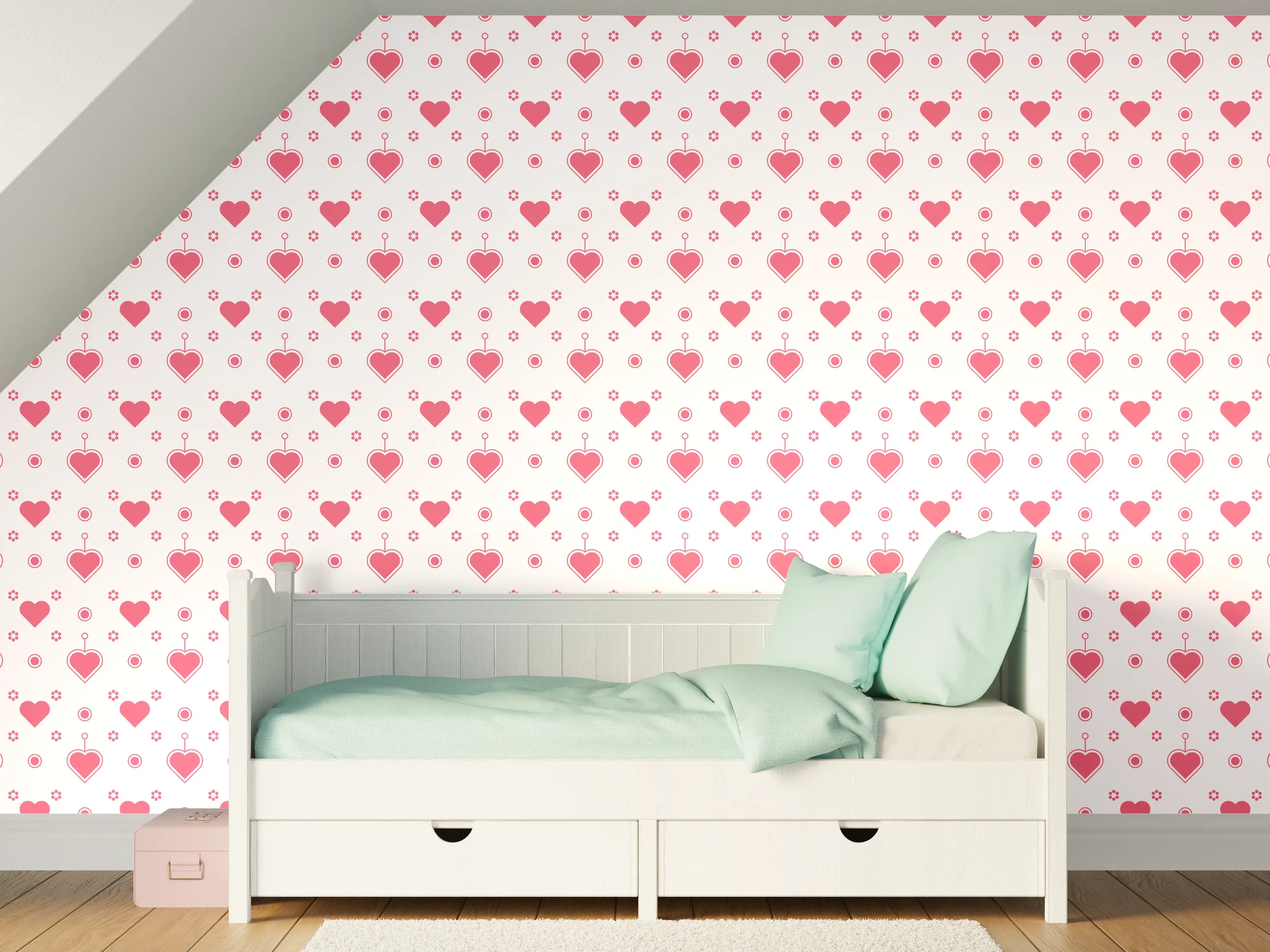 Kinderzimmer Wandgestaltung - Weiße Wand mit rosa Herzen Muster