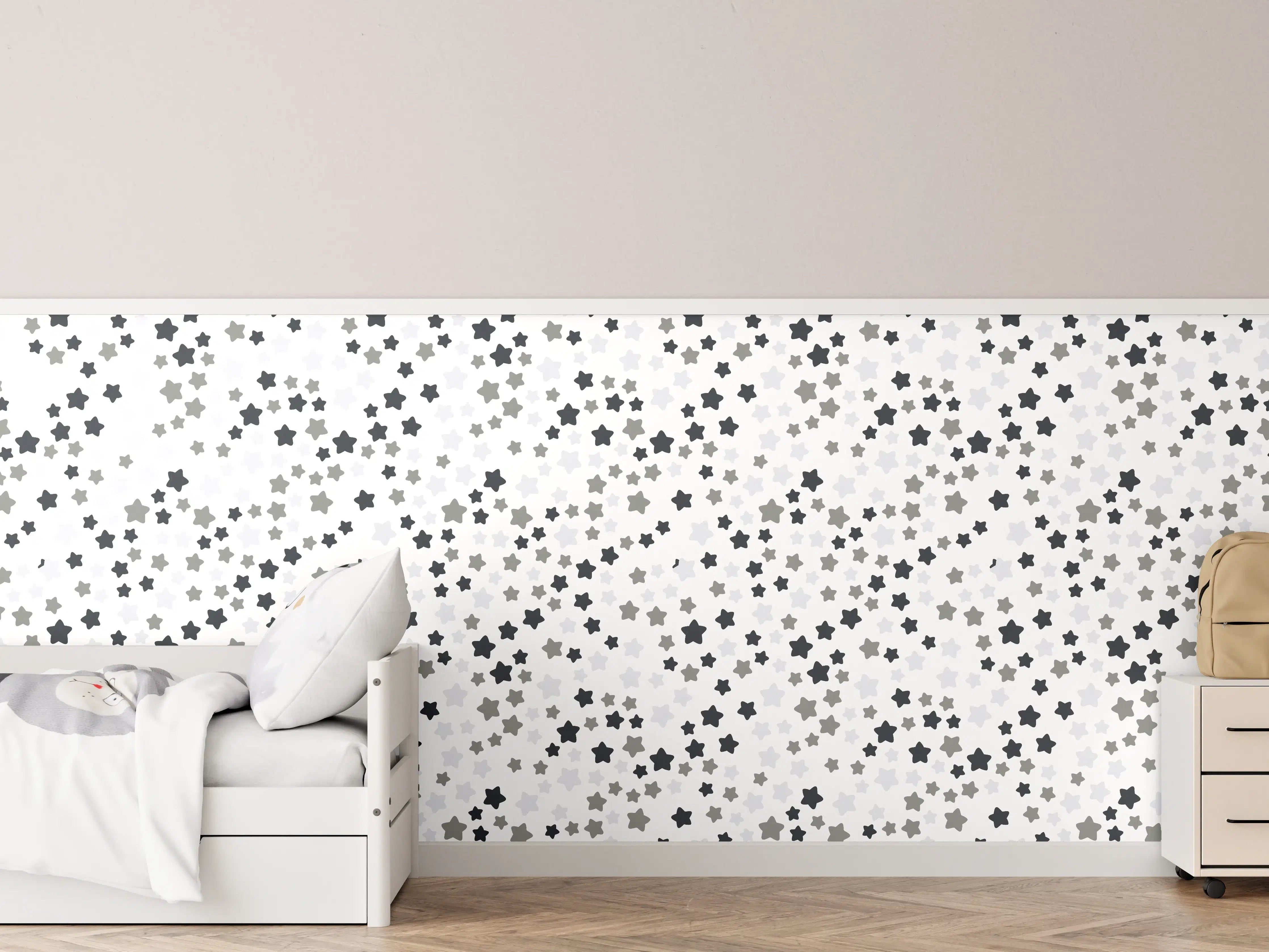 Kinderzimmer Wandgestaltung - Weiße Wand mit schwarzen Sternen Muster