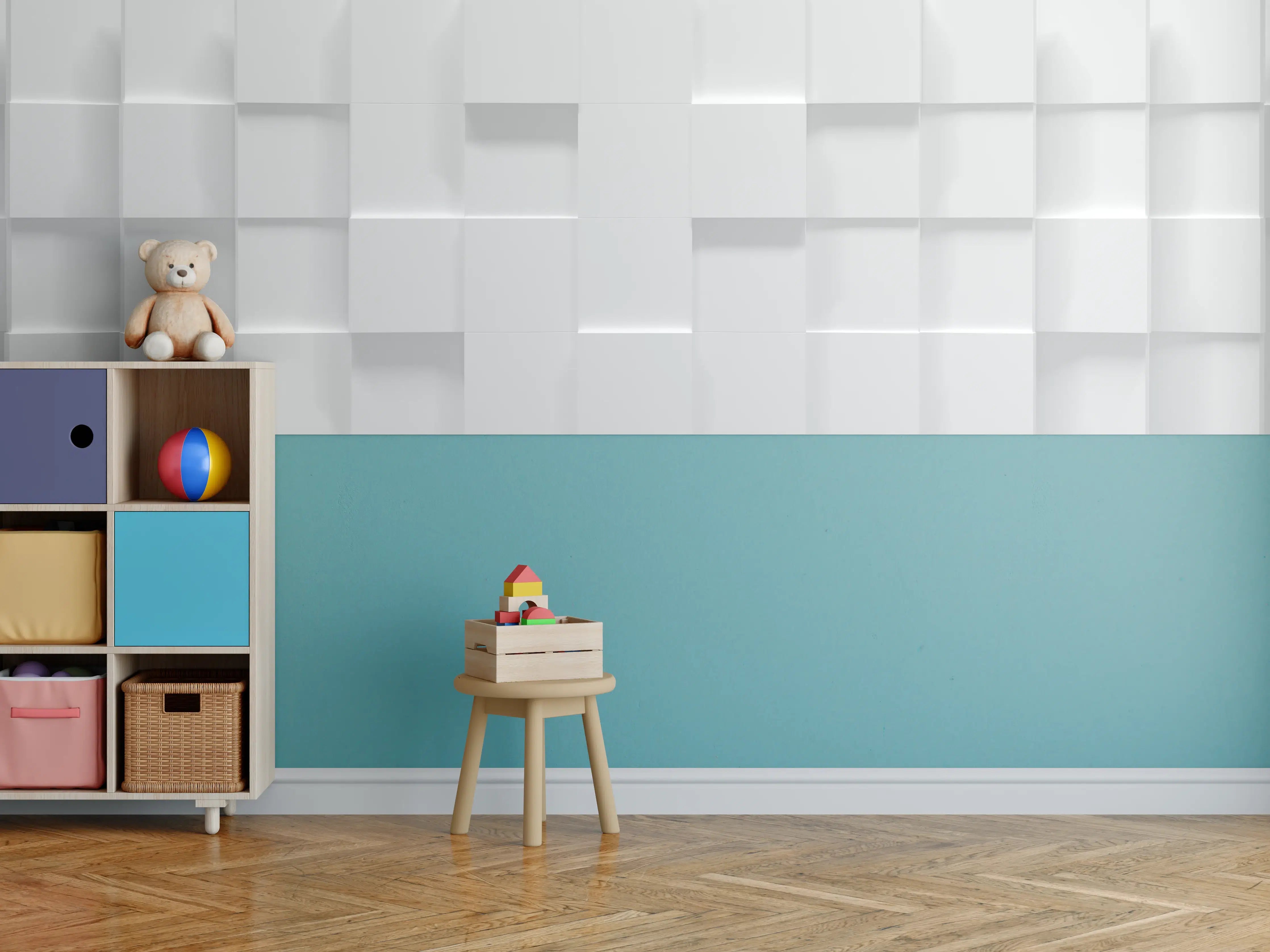 Kinderzimmer Wandgestaltung - Weiße Würfelstruktur 3D-Illustration