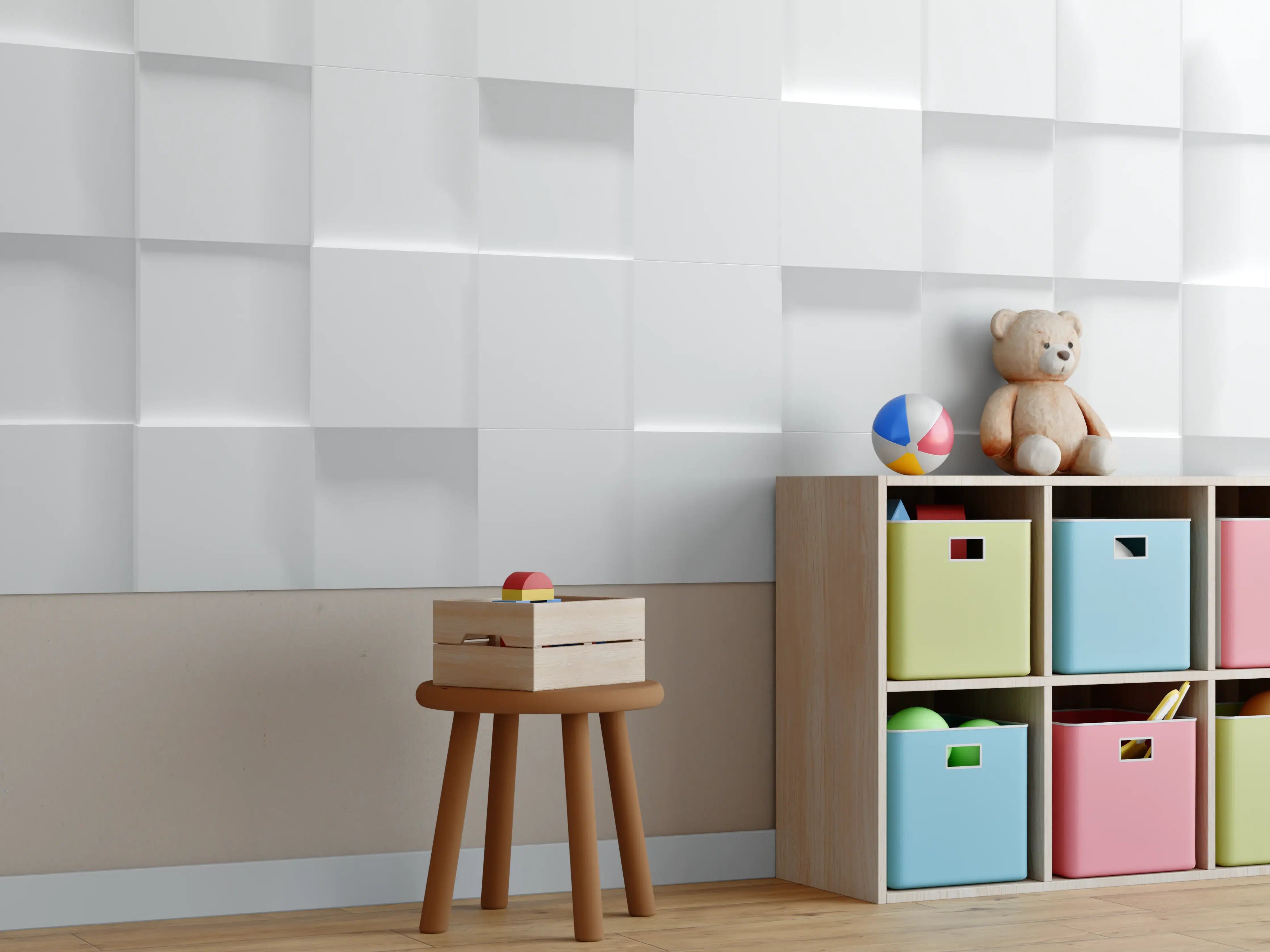 Kinderzimmer Wandgestaltung - Weiße Würfelstruktur 3D-Illustration