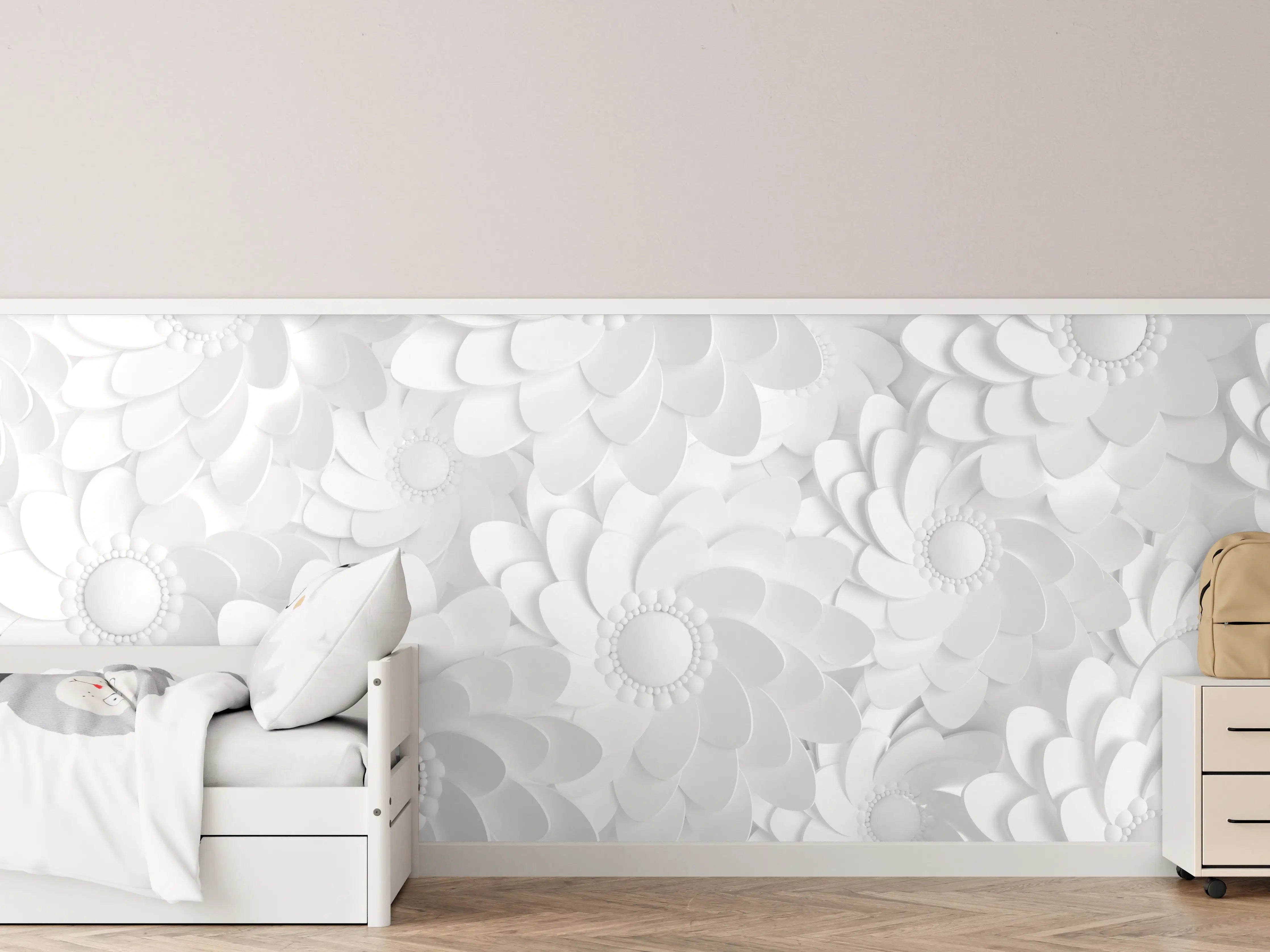 Kinderzimmer Wandgestaltung - Weiße florale 3D-Struktur Wandgestaltung