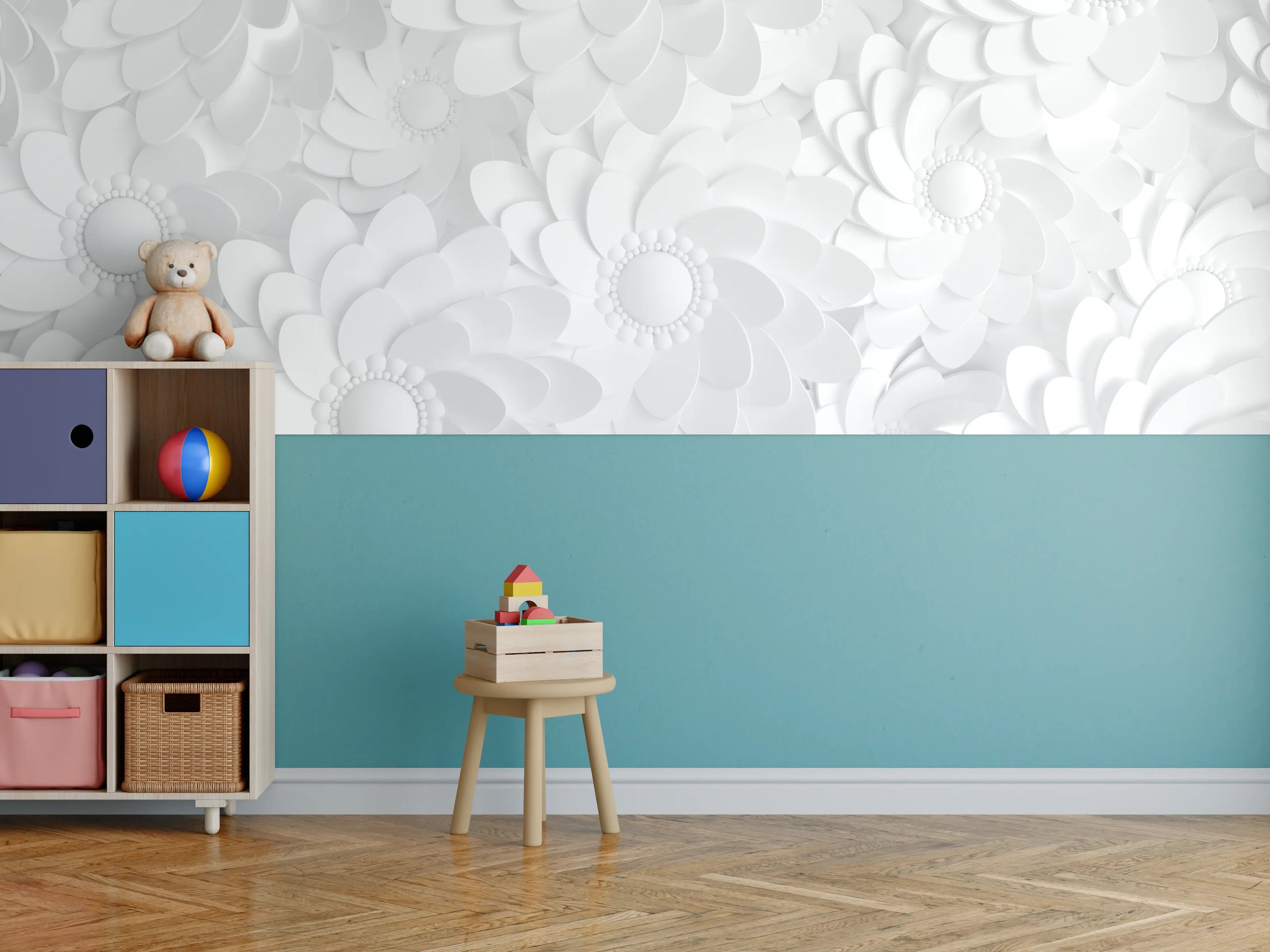 Kinderzimmer Wandgestaltung - Weiße florale 3D-Struktur Wandgestaltung