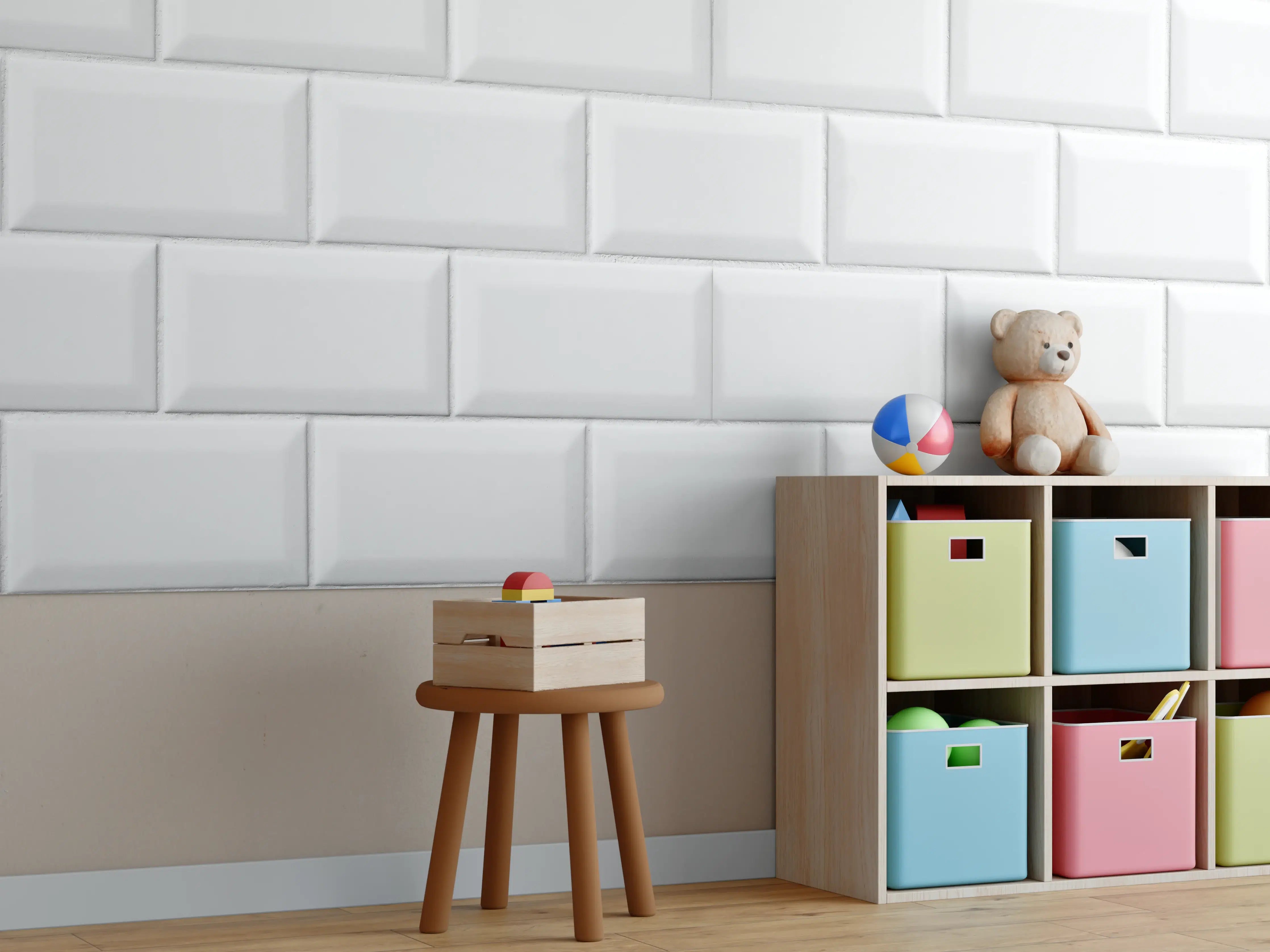 Kinderzimmer Wandgestaltung - Weiße helle glänzende Ziegelfliesen
