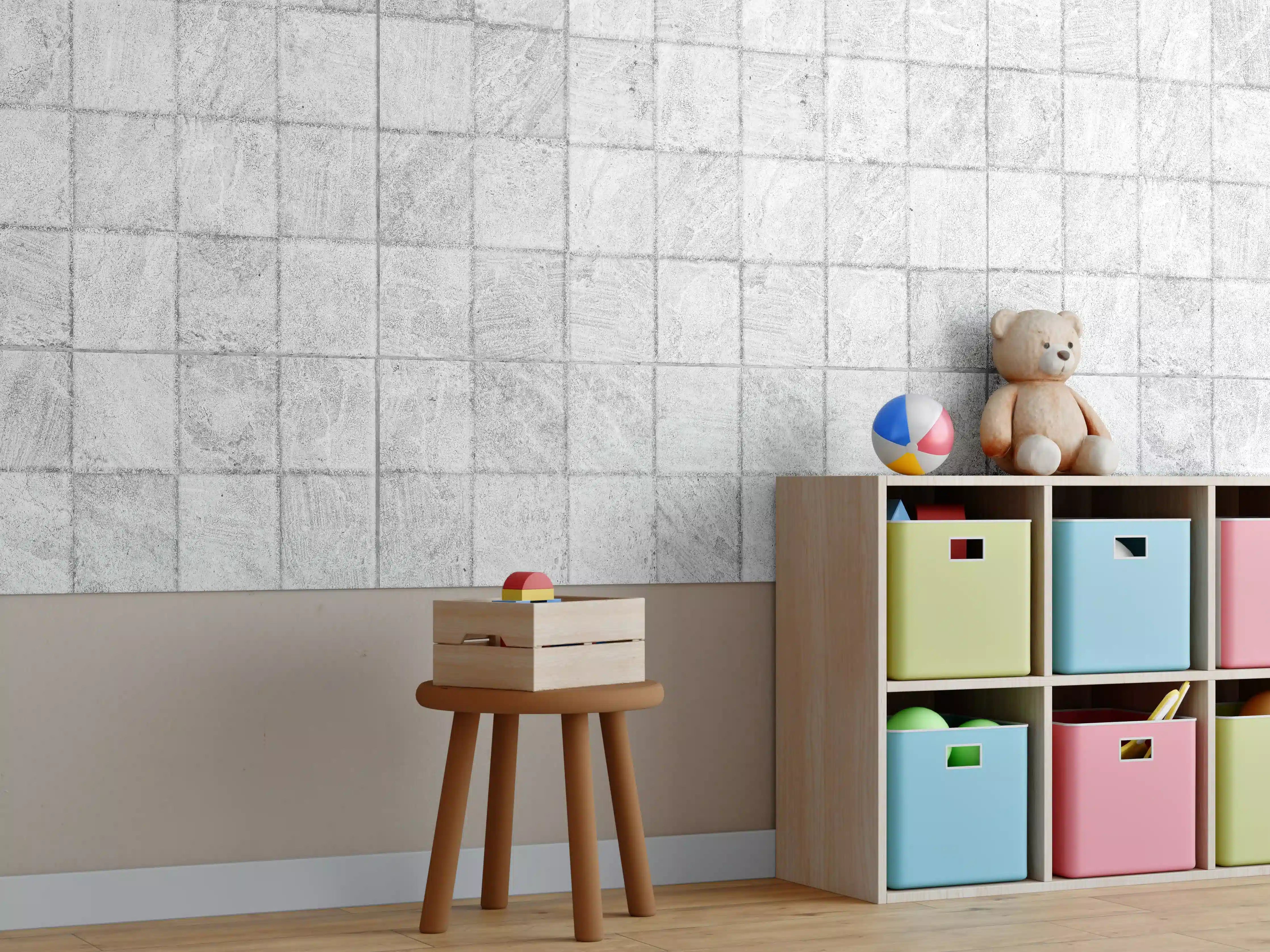 Kinderzimmer Wandgestaltung - Weiße quadratische Stein Fliesen