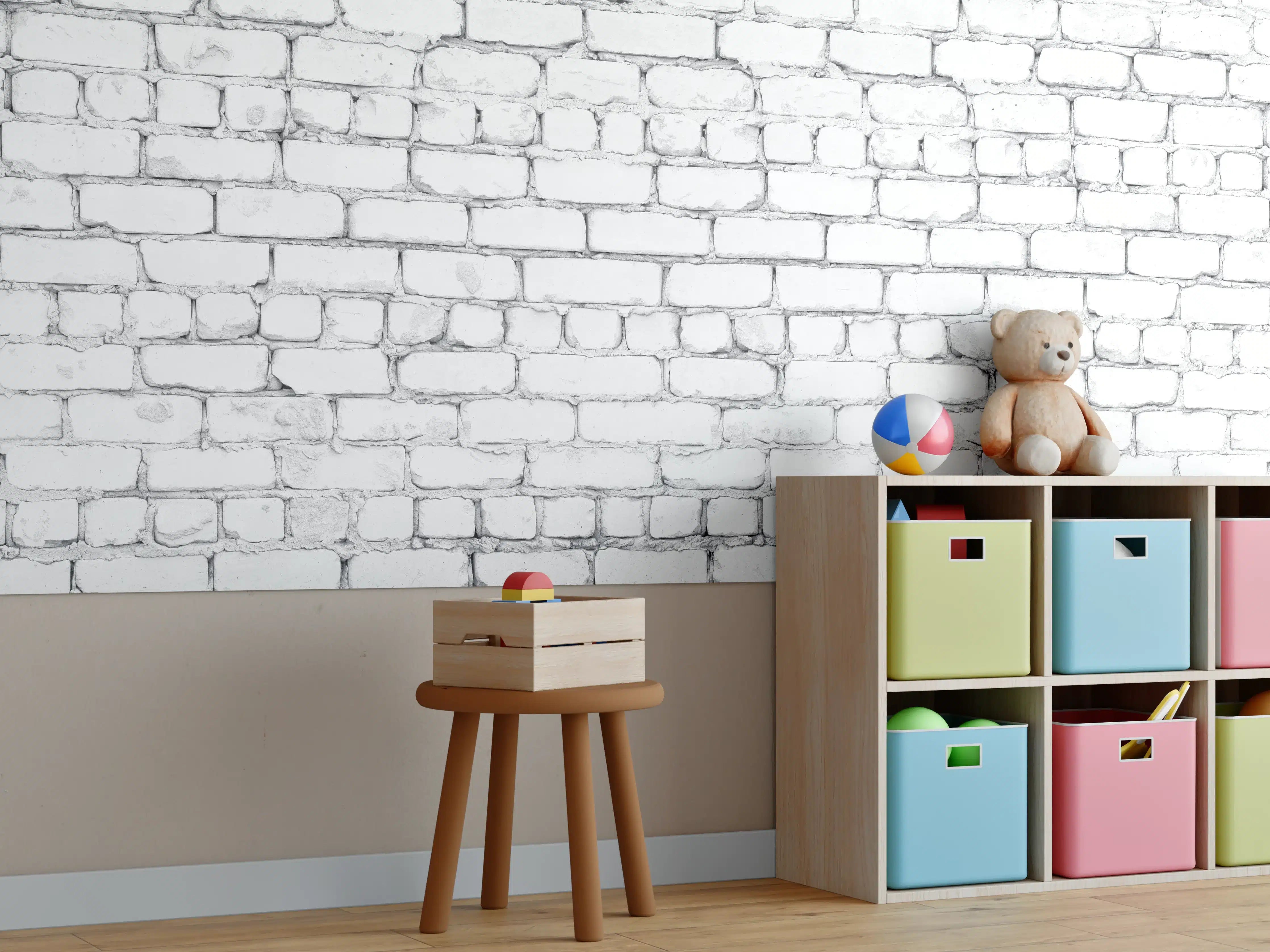 Kinderzimmer Wandgestaltung - Weiße raue Backsteinmauer