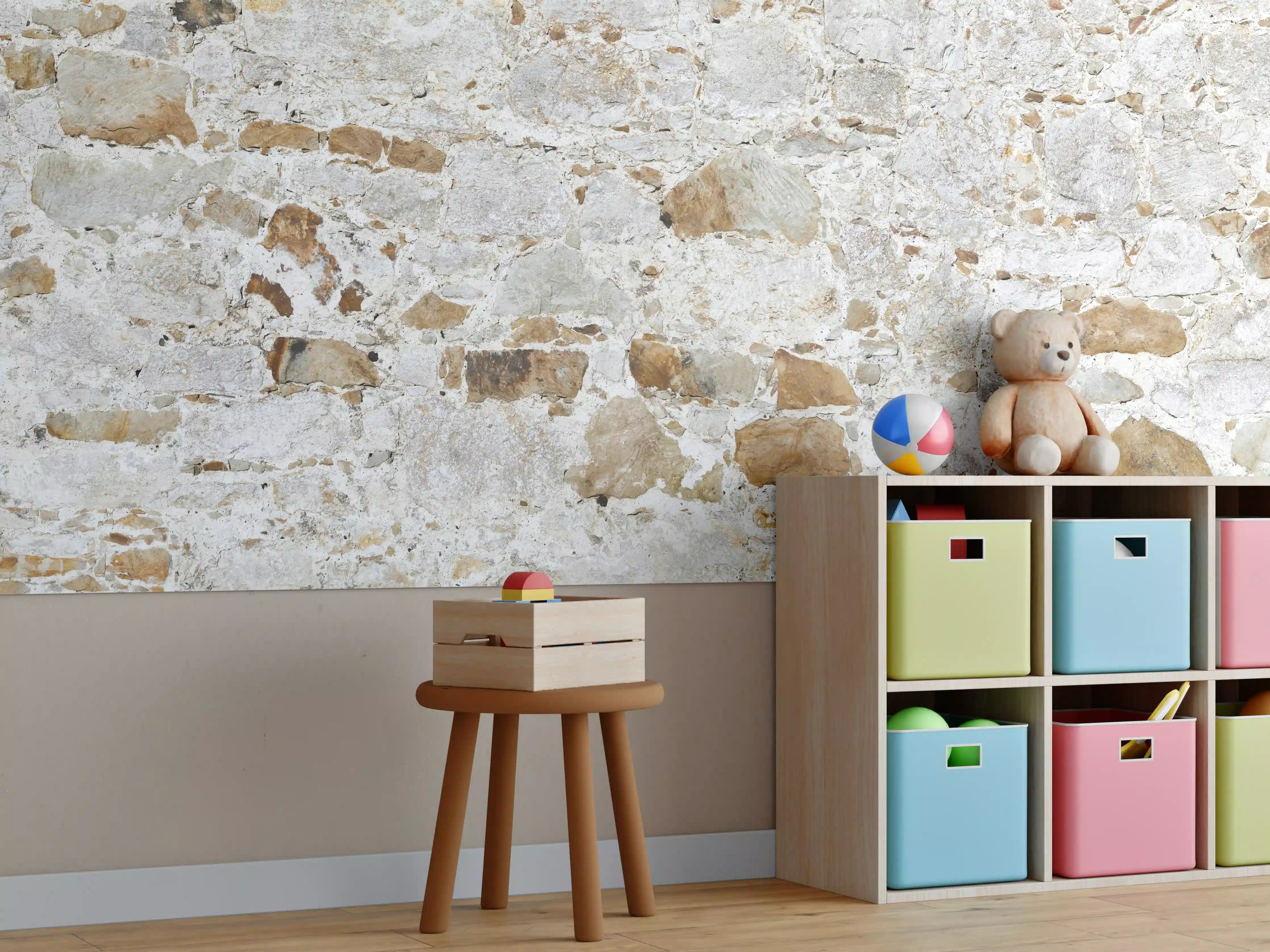 Kinderzimmer Wandgestaltung - Weiße rustikale Steinmauer