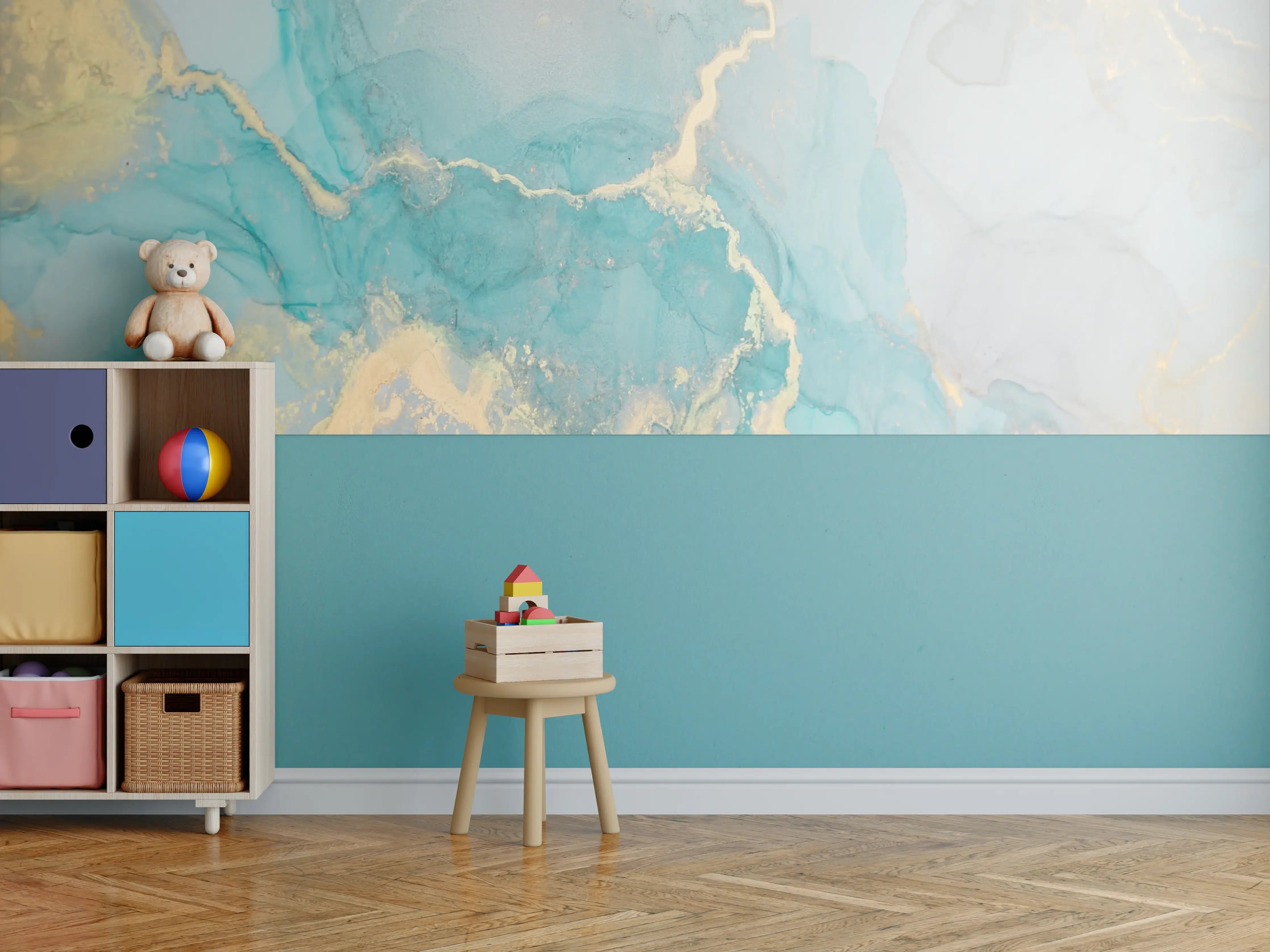 Kinderzimmer Wandgestaltung - Weiße und Türkisfarbene Marmor-Textur mit Goldakzenten