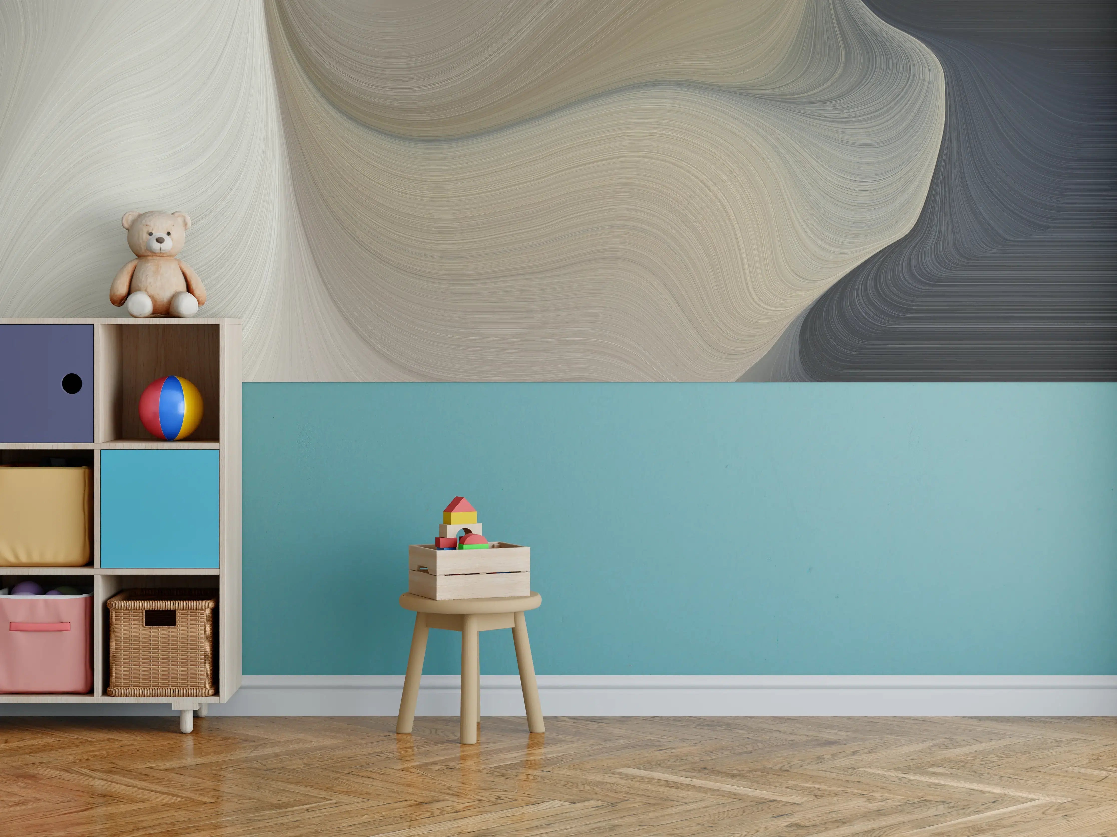 Kinderzimmer Wandgestaltung - Weiße und beige Farbverlauf mit dunklen Akzenten