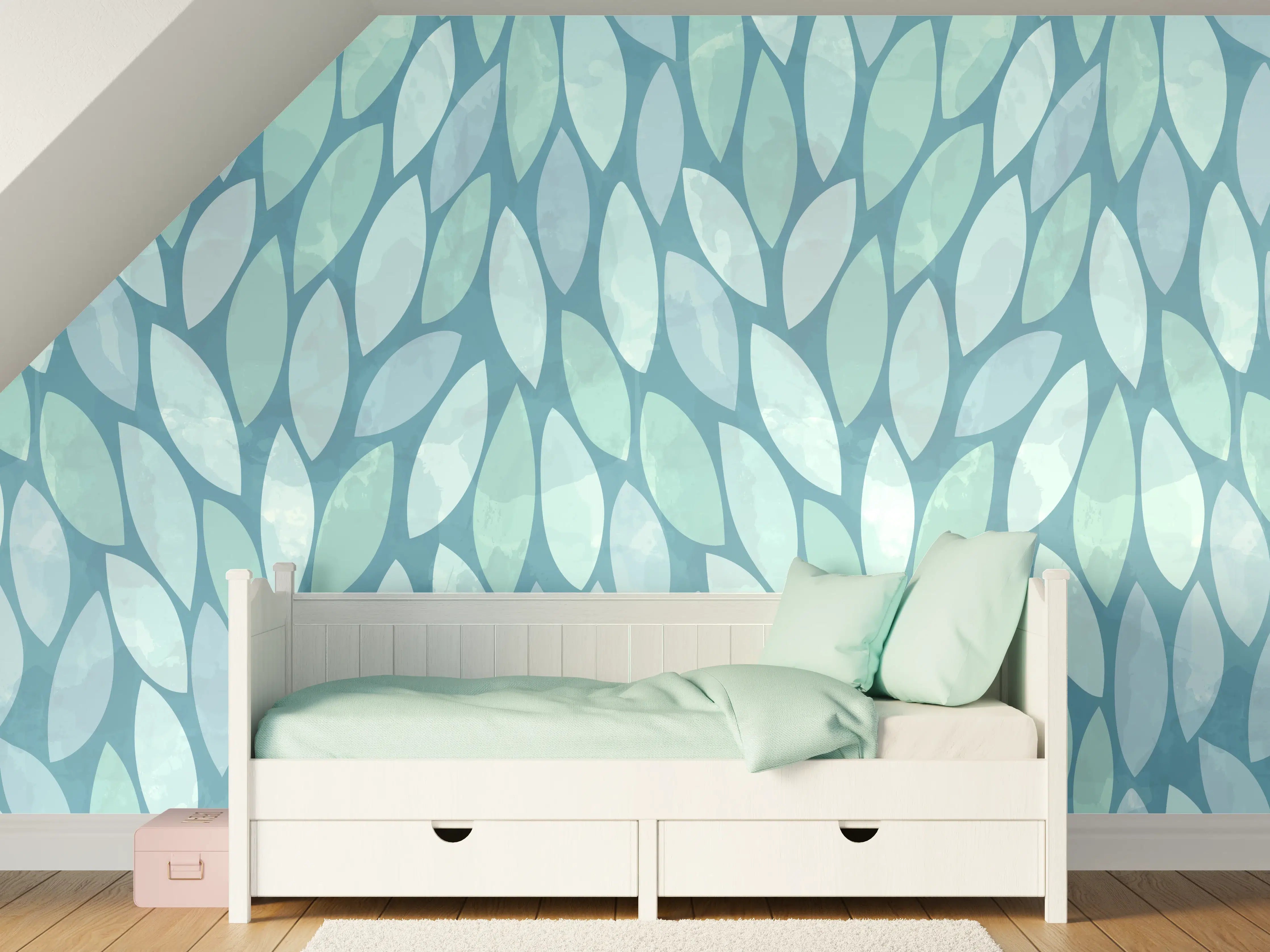 Kinderzimmer Wandgestaltung - Weiße und blaue Mosaik-Textur mit stilisierten Blättern